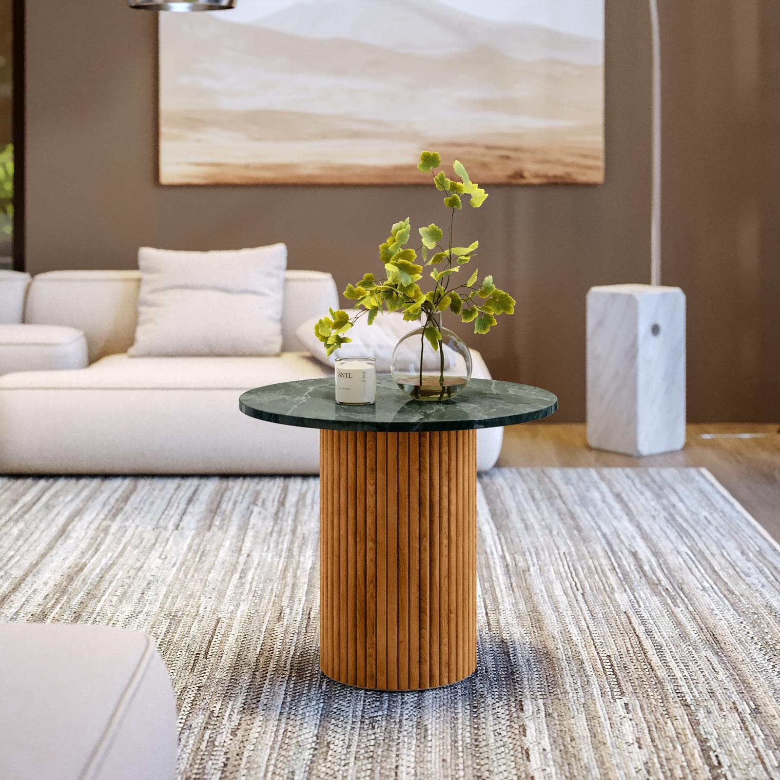 Tavolino rotondo 60 cm con top in marmo verde e base in legno naturale cannettato - Khalid