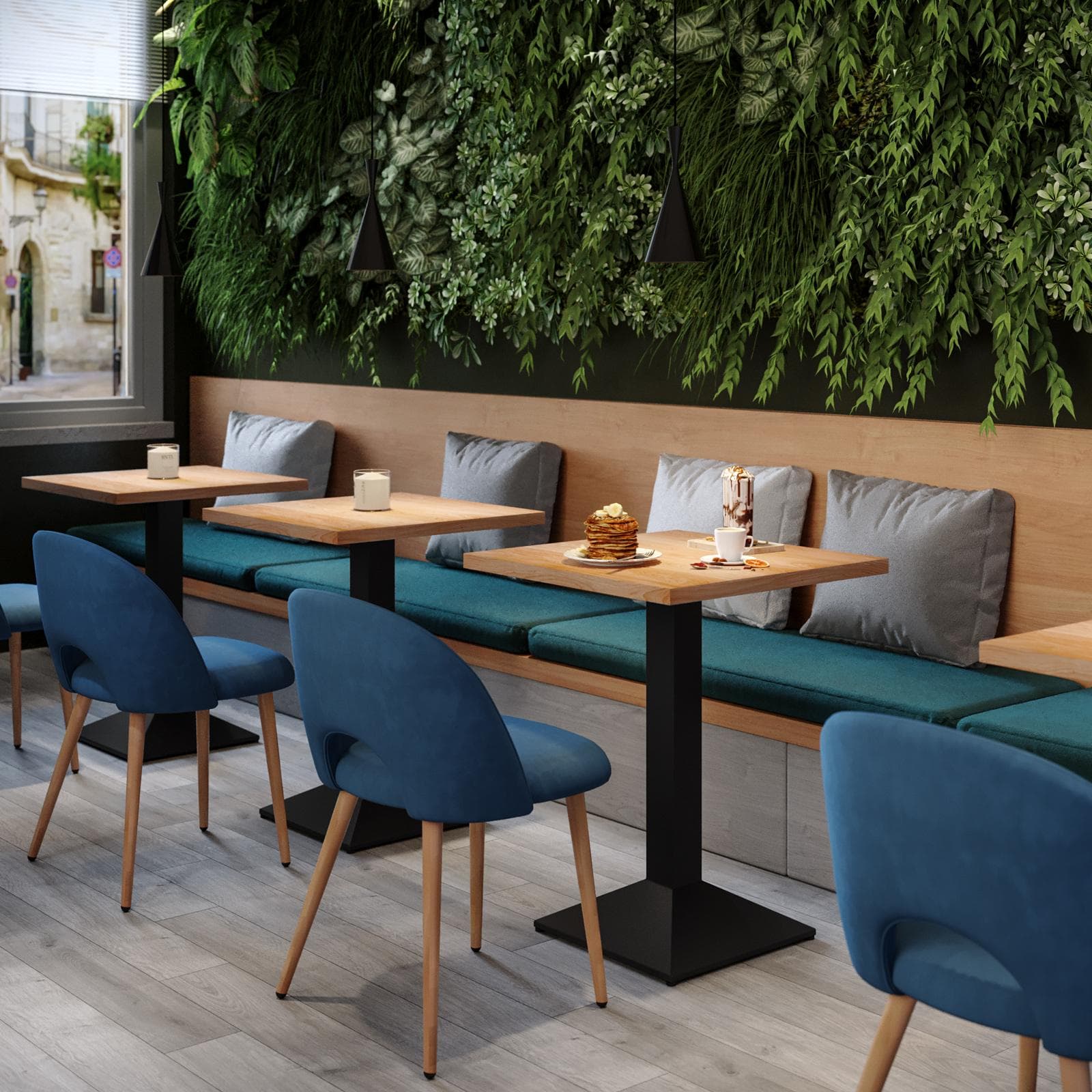 Tavolo da pranzo 60x60 cm con top effetto rovere e base in metallo nero - Caio