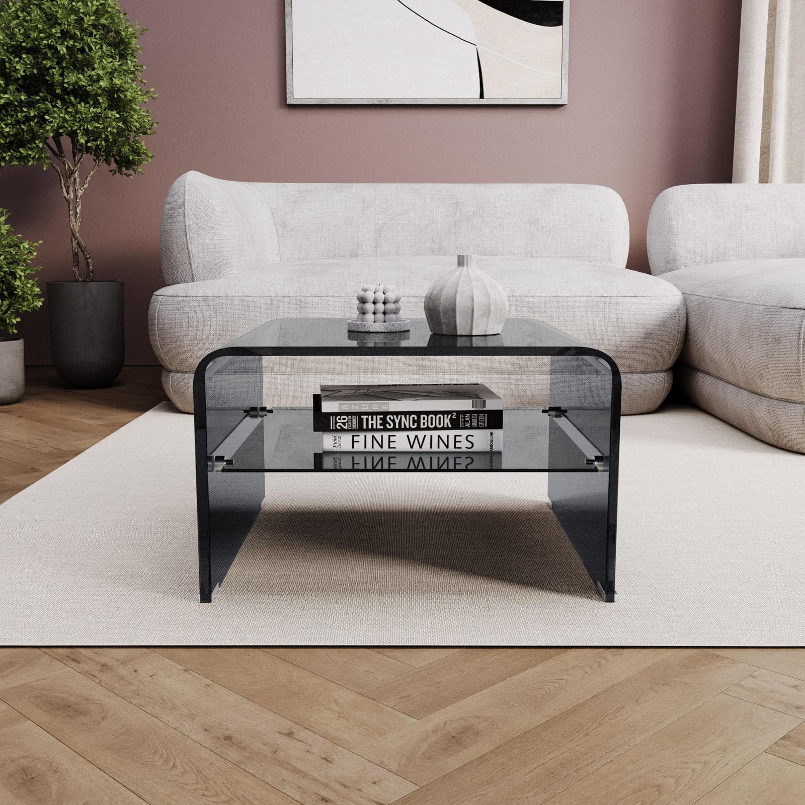 Tavolino 60x60 cm in vetro fumè con ripiano - City