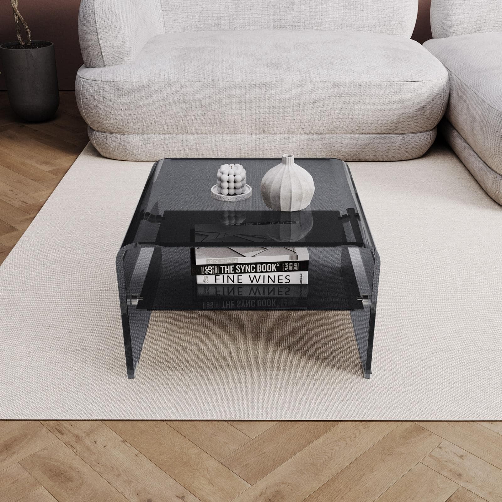 Tavolino 60x60 cm in vetro fumè con ripiano - City