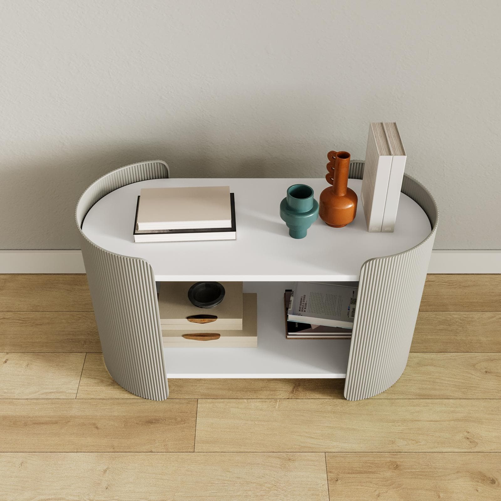 Tavolino 80x37 cm in metallo grigio opaco con top bianco e ripiano - Talika