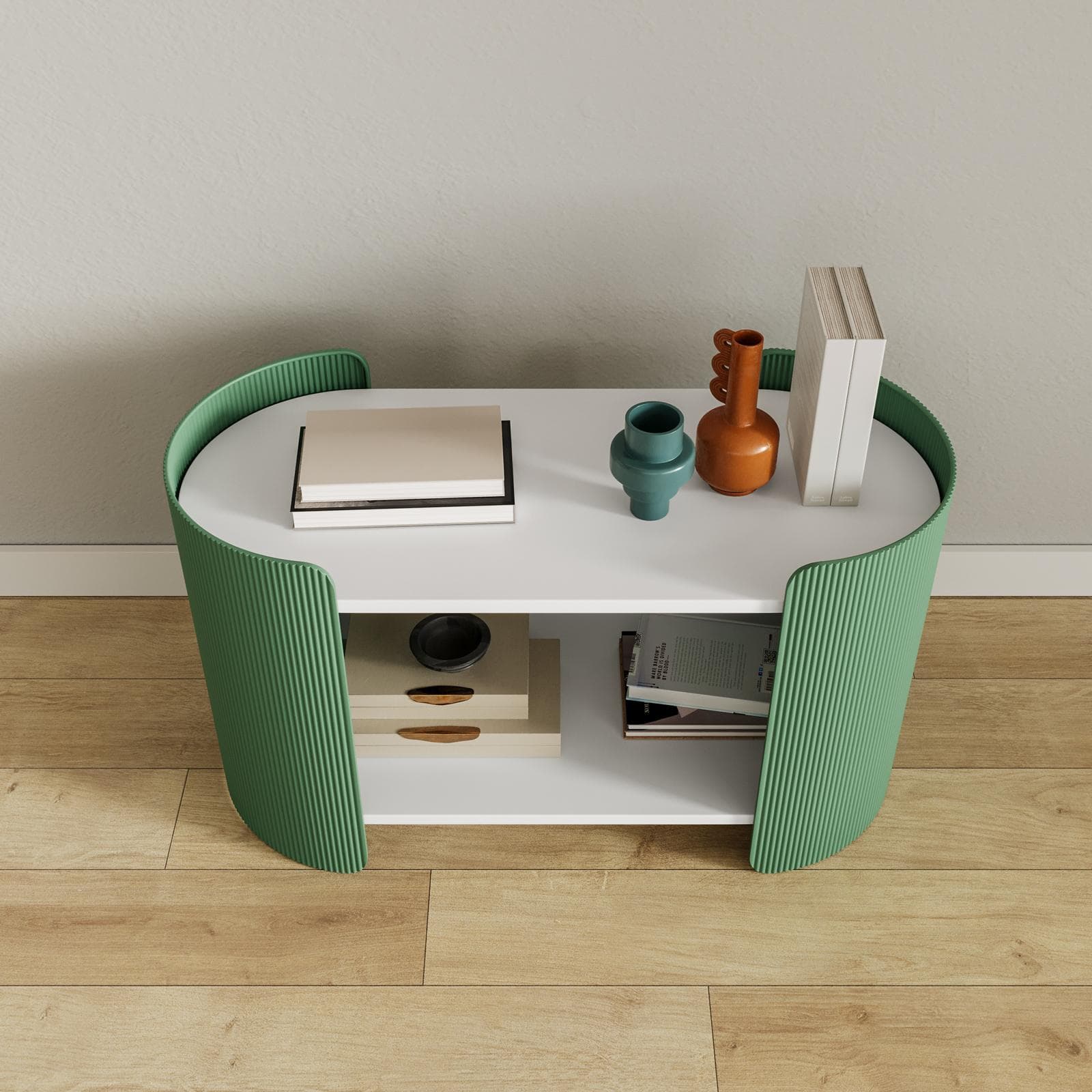 Tavolino 80x37 cm in metallo verde oliva opaco con top bianco e ripiano - Talika