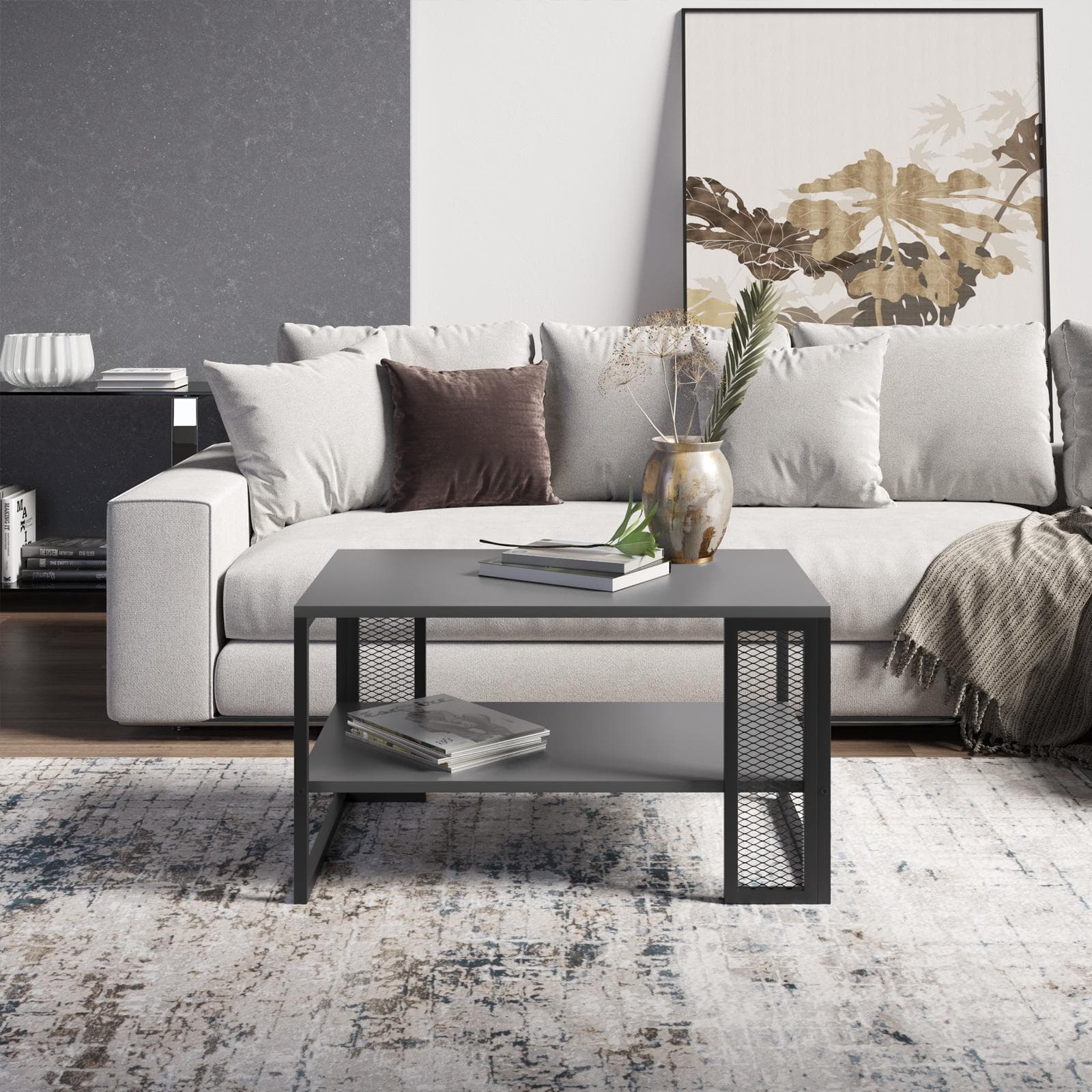 Tavolino 81x50 cm in acciaio nero e antracite con ripiano - Sheryl