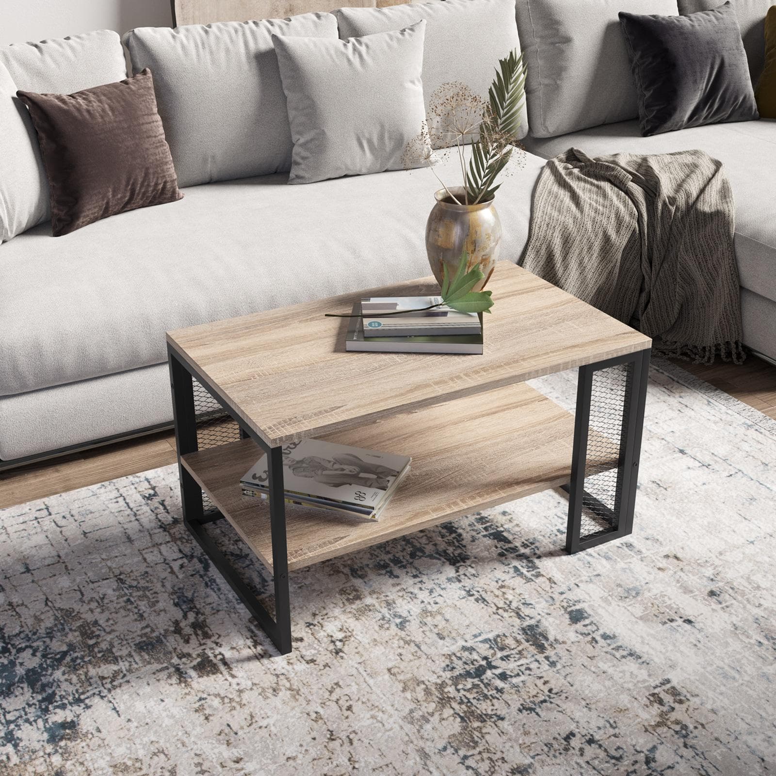 Tavolino 81x50 cm in acciaio nero e rovere con ripiano - Sheryl