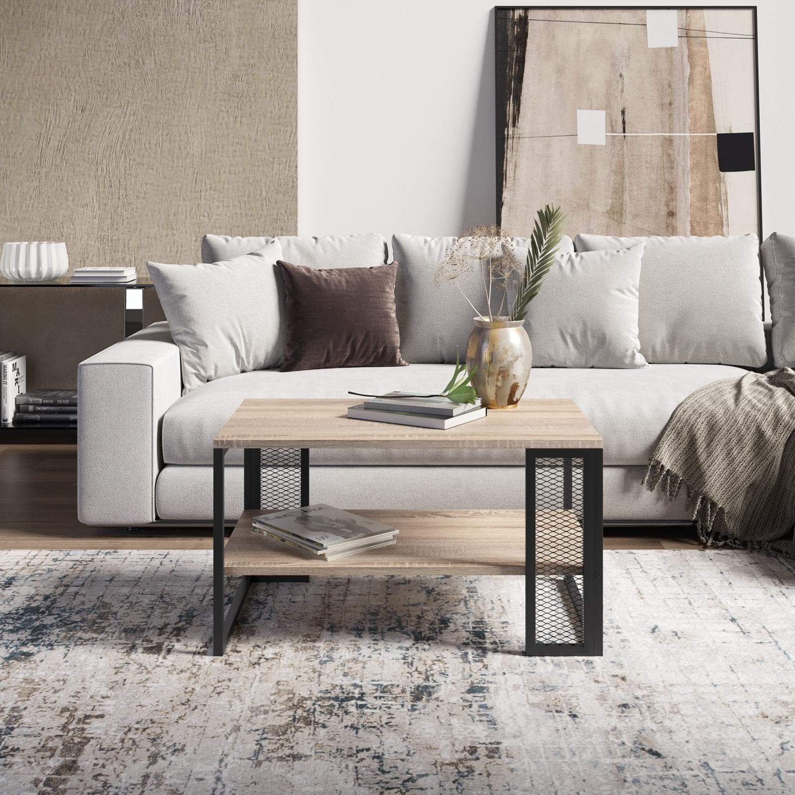Tavolino 81x50 cm in acciaio nero e rovere con ripiano - Sheryl