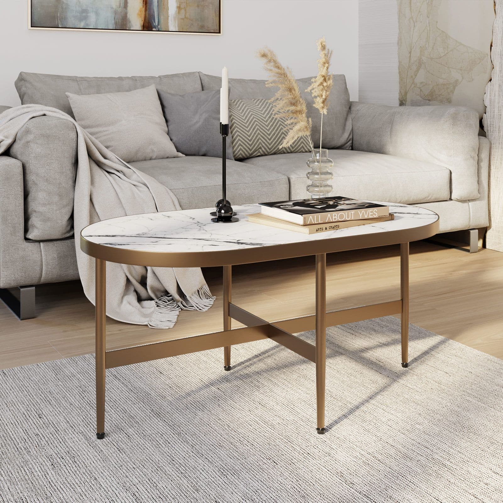 Tavolino 90 cm con piano effetto marmo bianco e base oro - Clarity