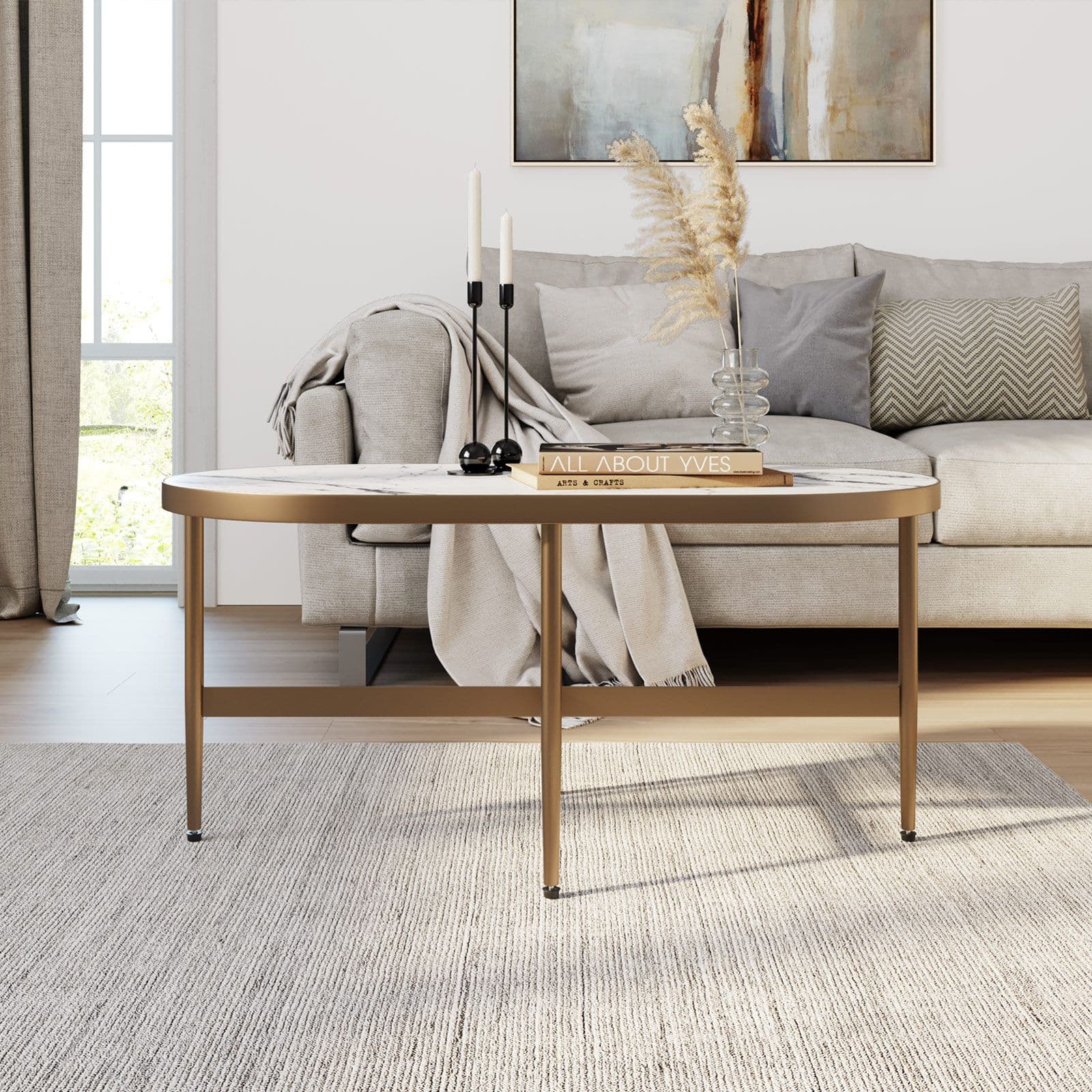 Tavolino 90 cm con piano effetto marmo bianco e base oro - Clarity