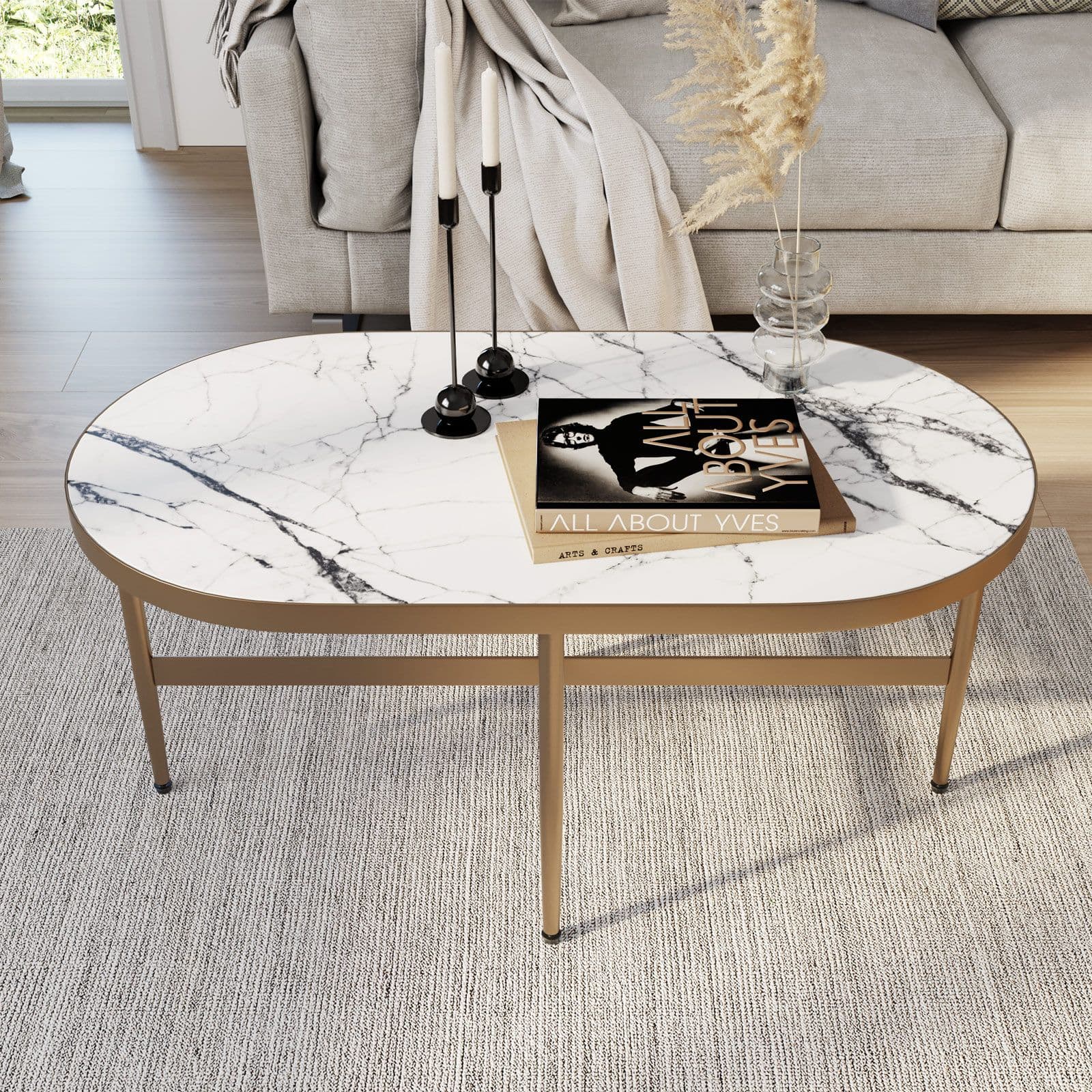 Tavolino 90 cm con piano effetto marmo bianco e base oro - Clarity