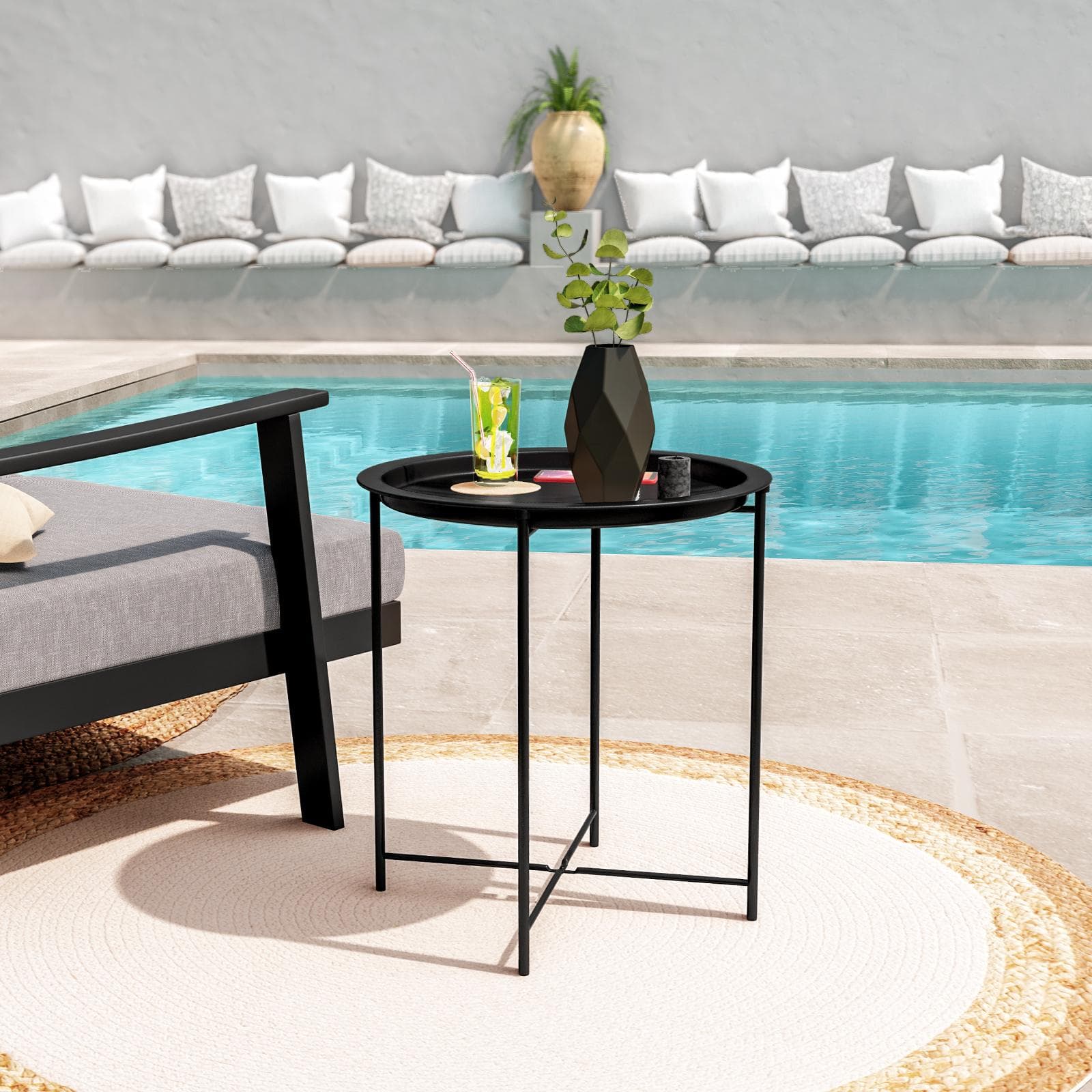 Tavolino da esterno rotondo 47 cm in metallo nero con gambe pieghevoli e piano removibile - Verella