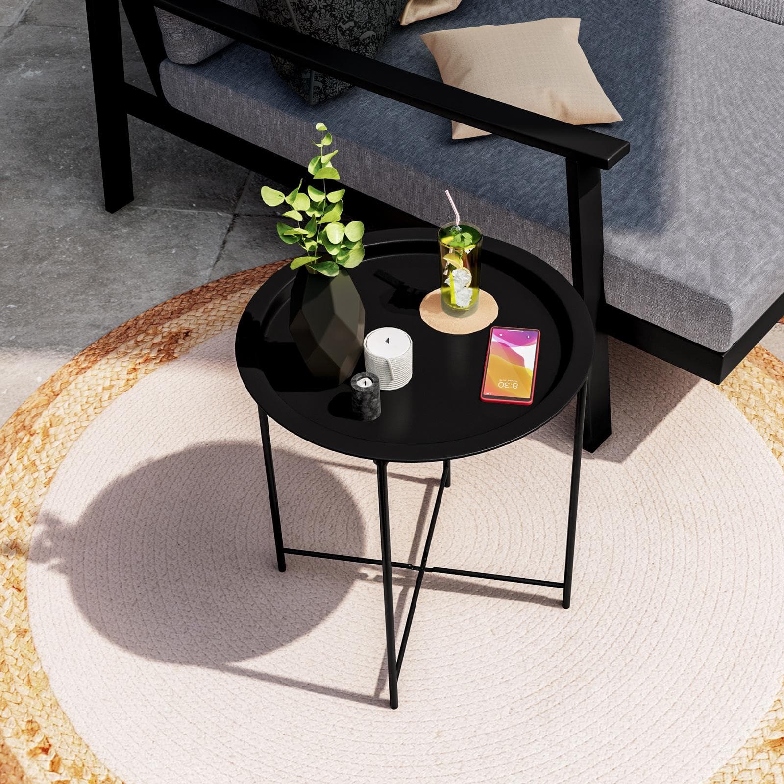 Tavolino da esterno rotondo 47 cm in metallo nero con gambe pieghevoli e piano removibile - Verella
