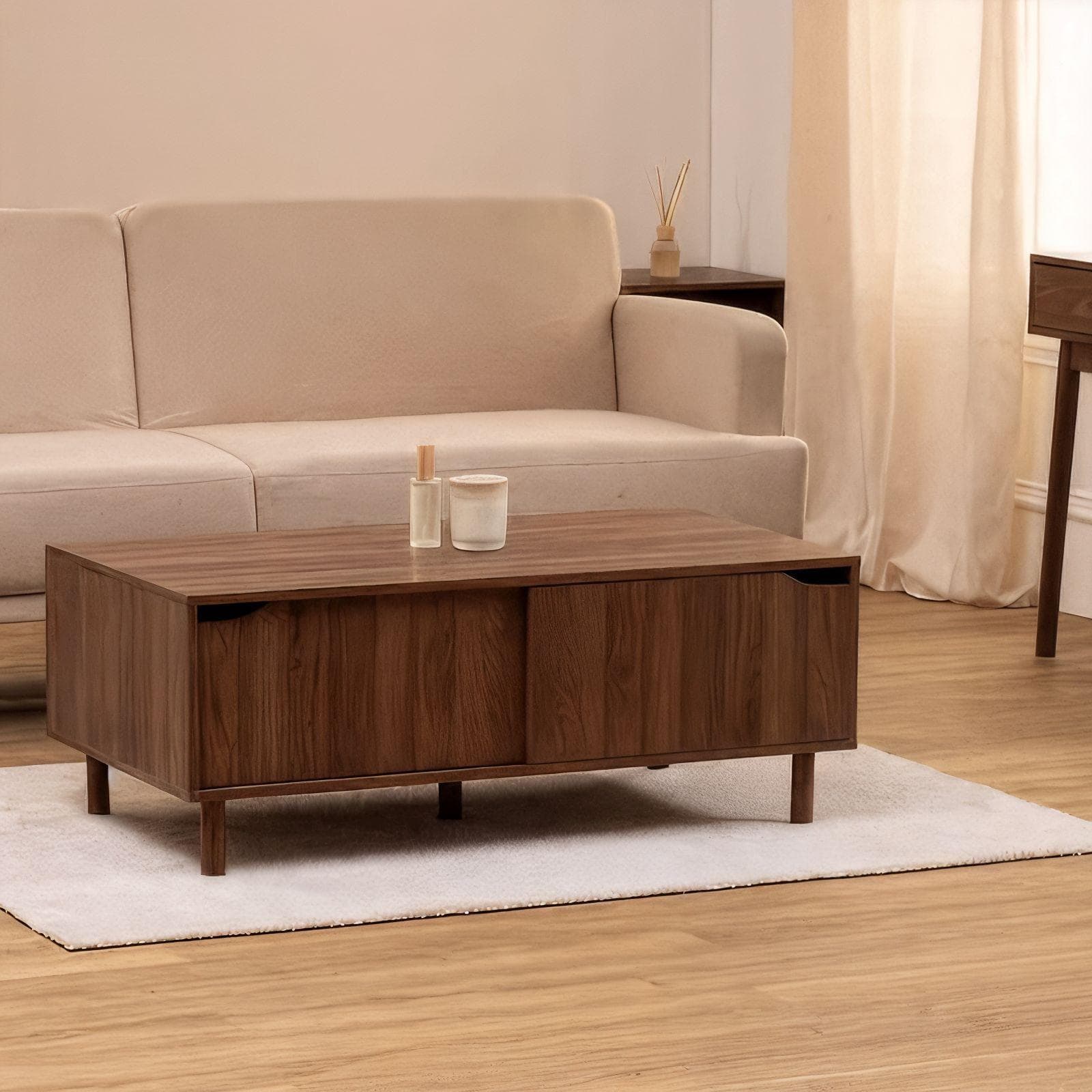 Tavolino contenitore 108x42h cm effetto noce con 2 ante scorrevoli e 2 vani a giorno - Ynoire