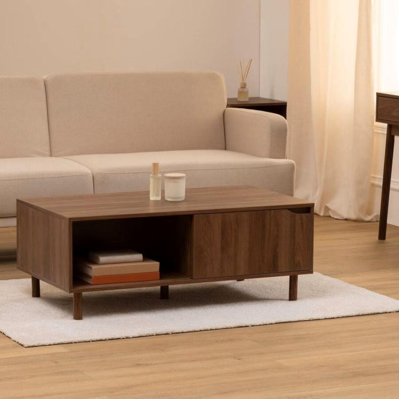 Tavolino contenitore 108x42h cm effetto noce con 2 ante scorrevoli e 2 vani a giorno - Ynoire