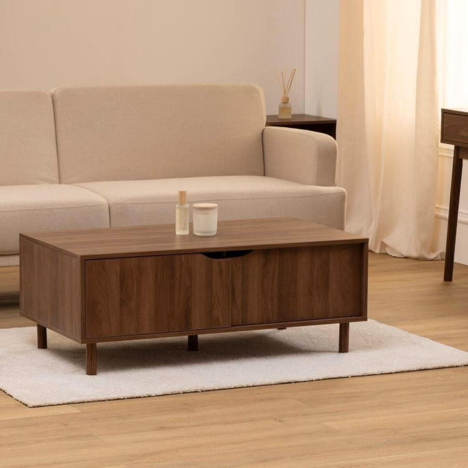 Tavolino contenitore 108x42h cm effetto noce con 2 ante scorrevoli e 2 vani a giorno - Ynoire