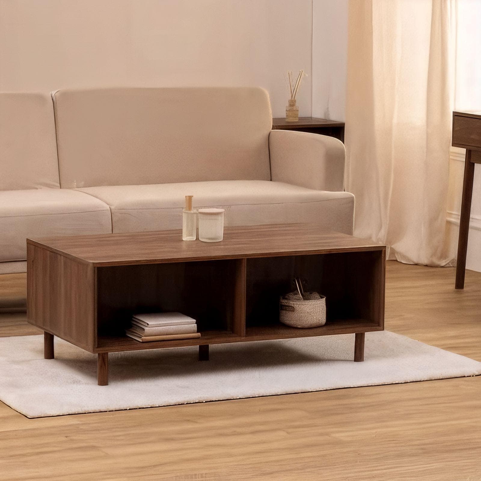 Tavolino contenitore 108x42h cm effetto noce con 2 ante scorrevoli e 2 vani a giorno - Ynoire