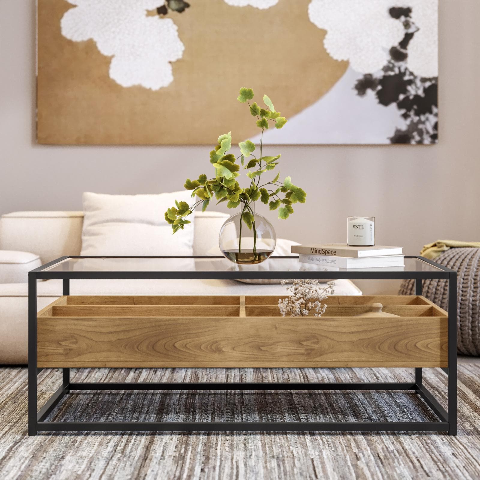 Tavolino contenitore 110x55 cm top in vetro con struttura in legno e metallo - Split