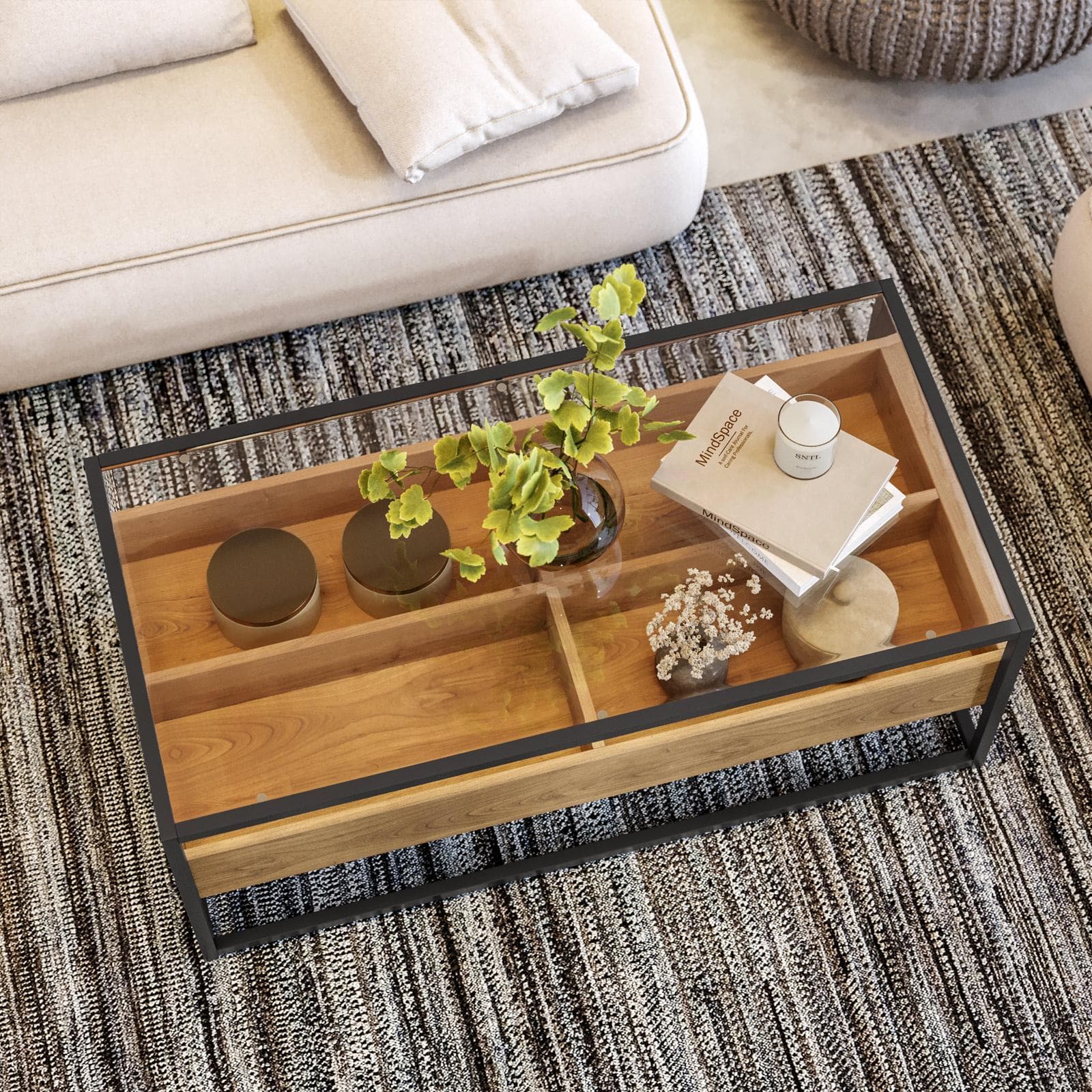 Tavolino contenitore 110x55 cm top in vetro con struttura in legno e metallo - Split