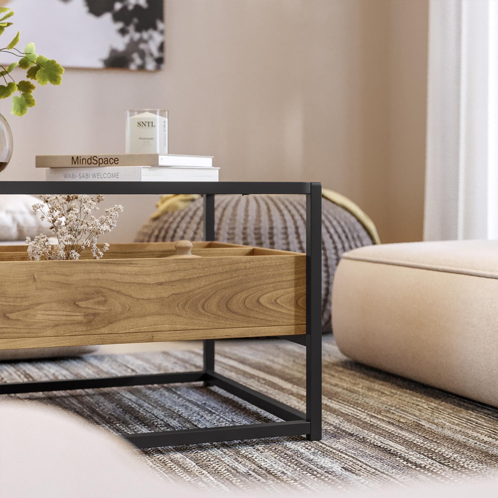 Tavolino contenitore 110x55 cm top in vetro con struttura in legno e metallo - Split