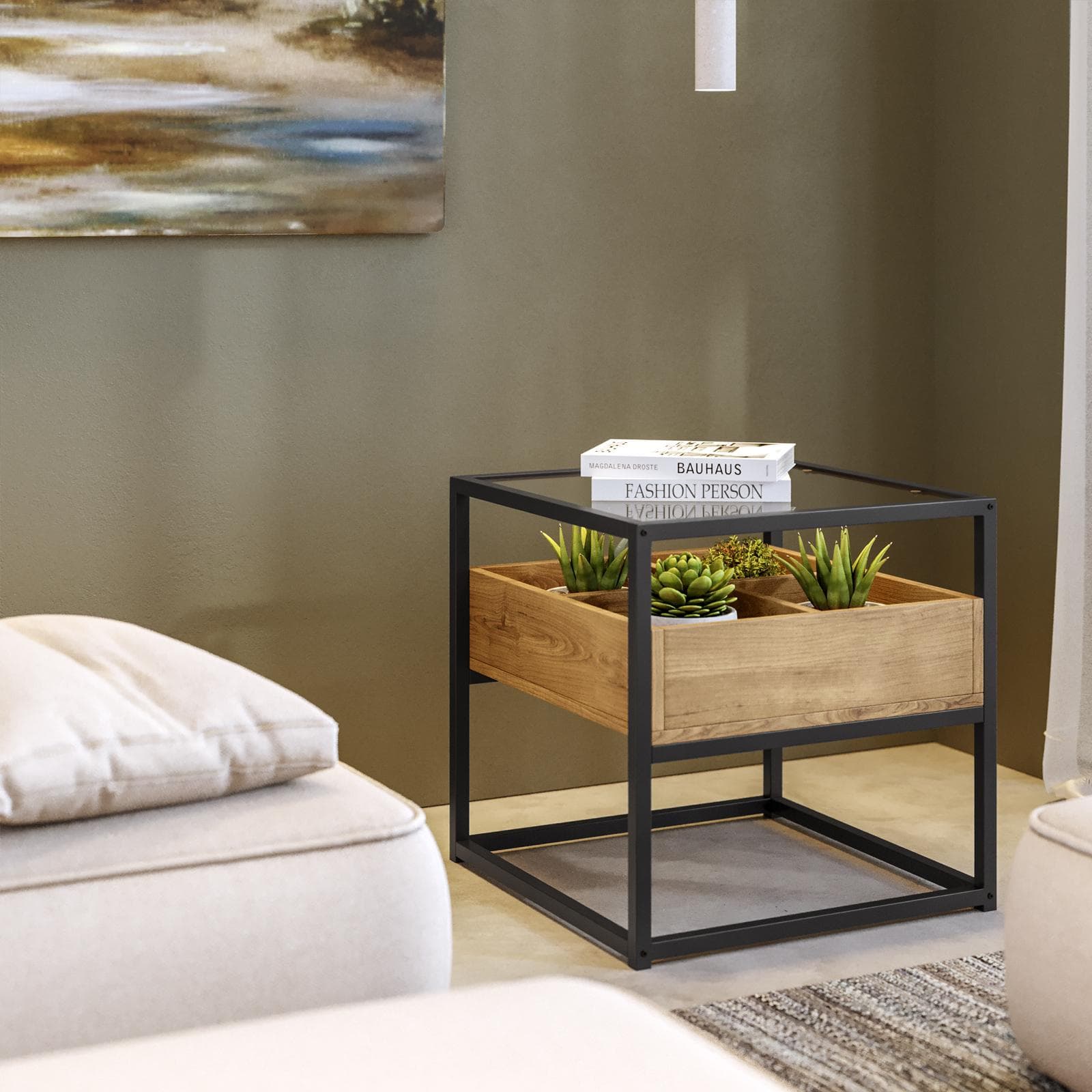 Tavolino contenitore 50x50 cm top in vetro con struttura in legno e metallo - Split
