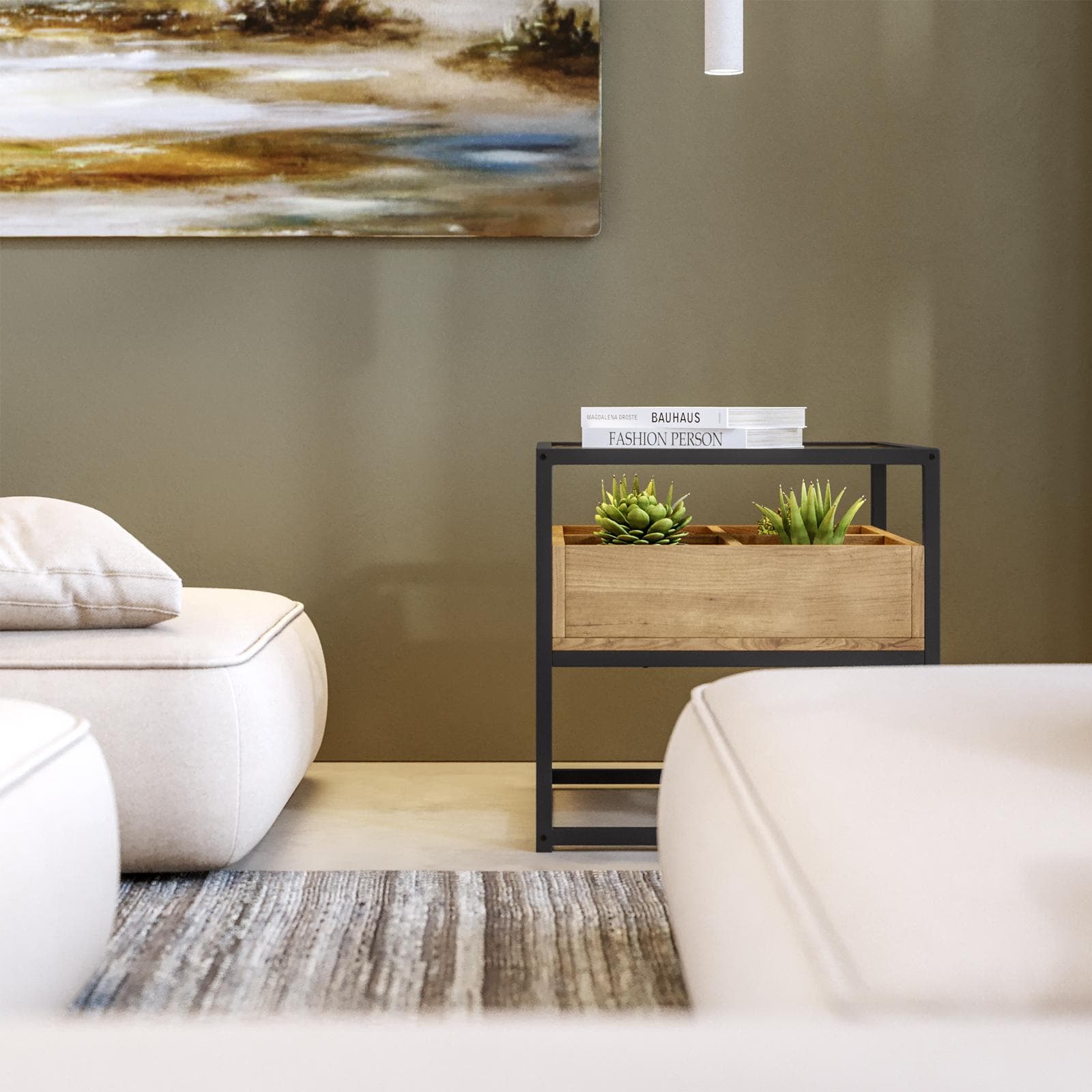 Tavolino contenitore 50x50 cm top in vetro con struttura in legno e metallo - Split