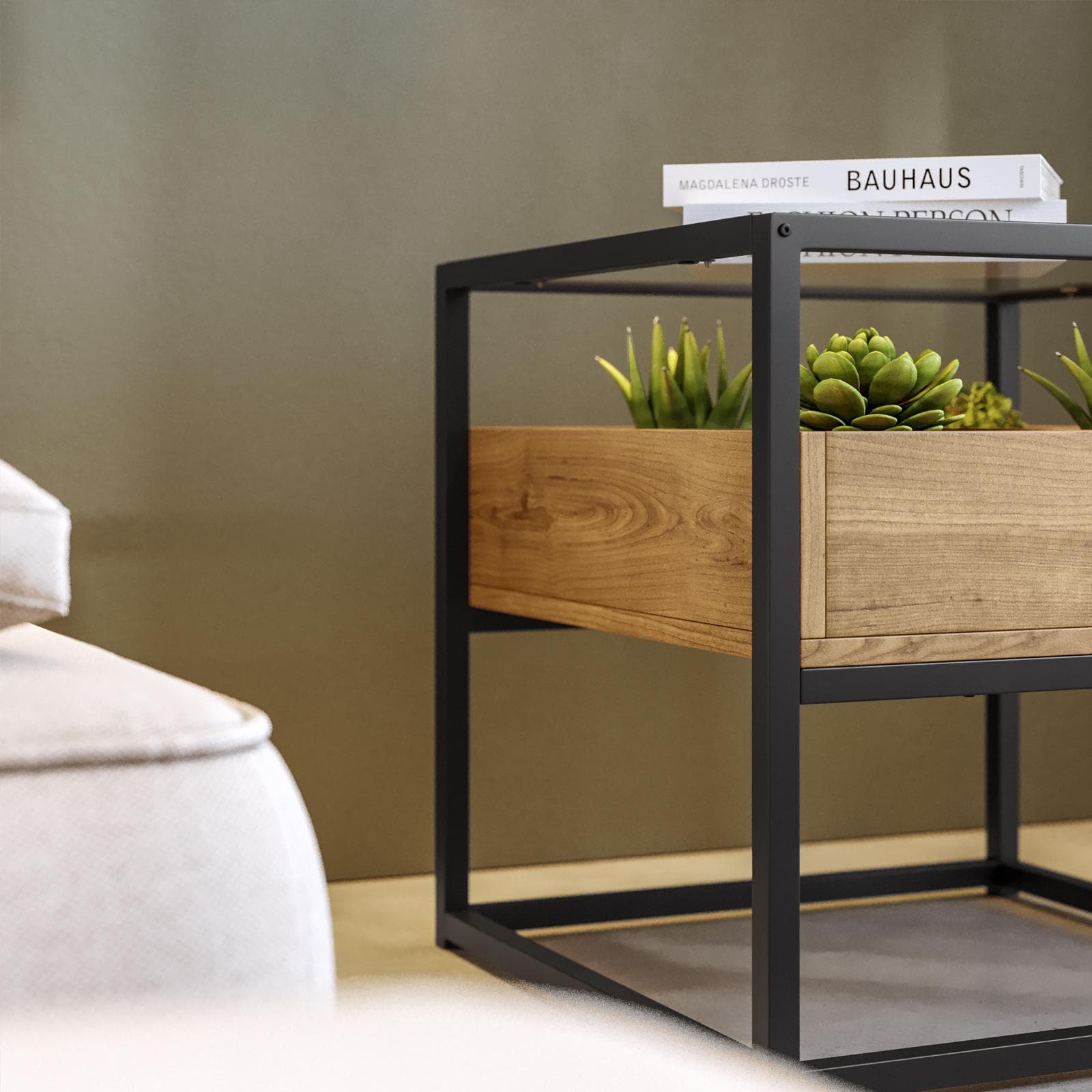 Tavolino contenitore 50x50 cm top in vetro con struttura in legno e metallo - Split