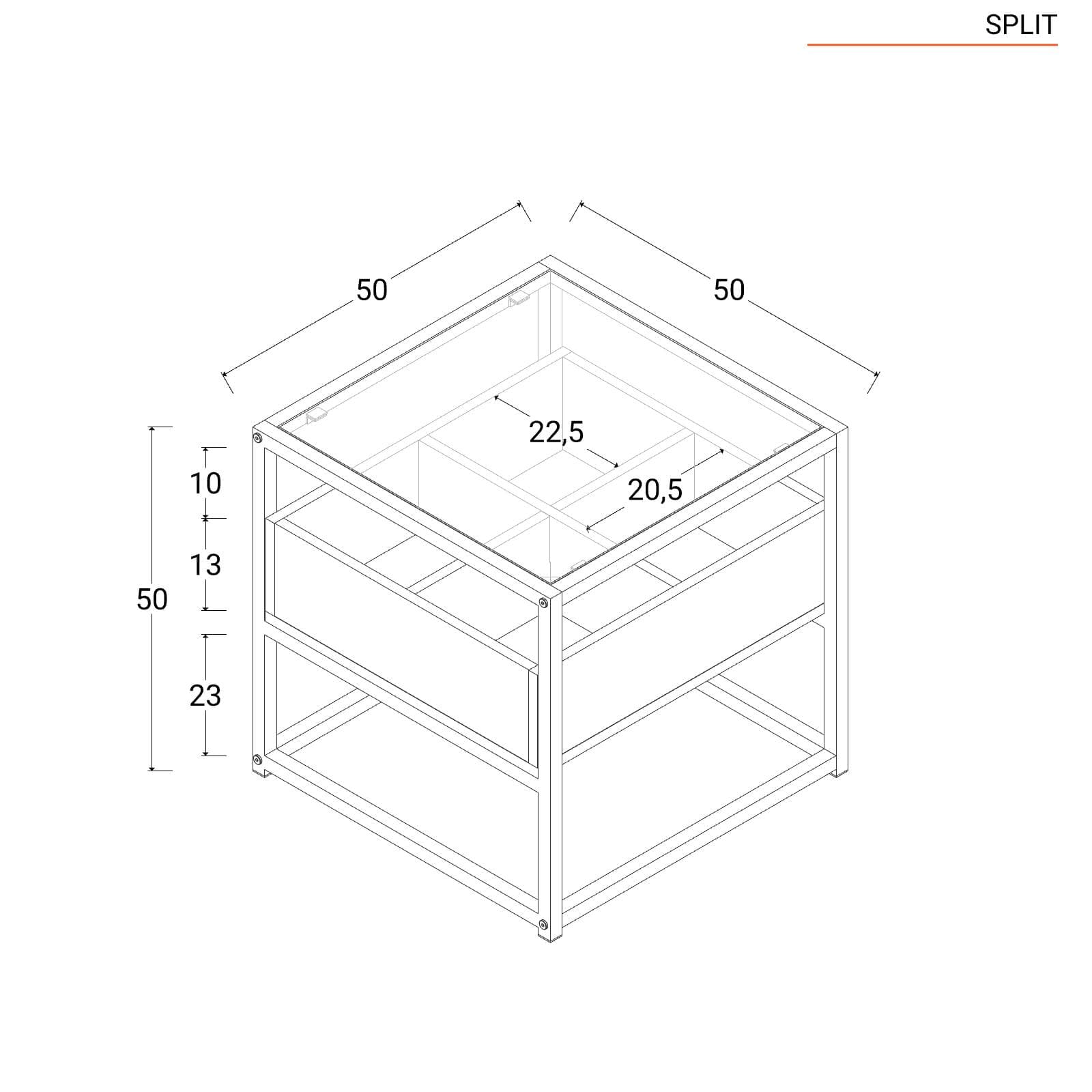 Tavolino contenitore 50x50 cm top in vetro con struttura in legno e metallo - Split