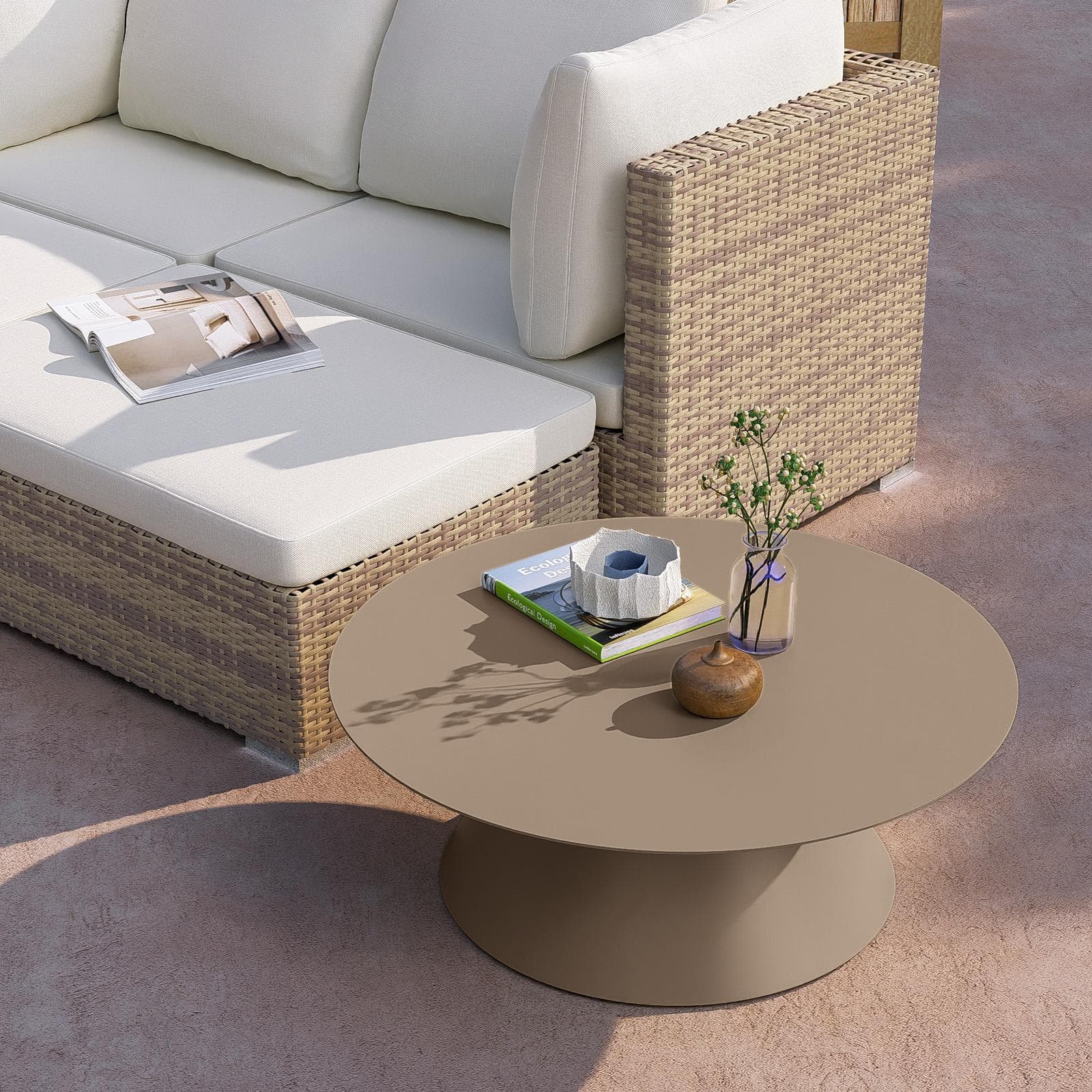 Tavolino da esterno rotondo 80 cm in alluminio tortora opaco - Dagre