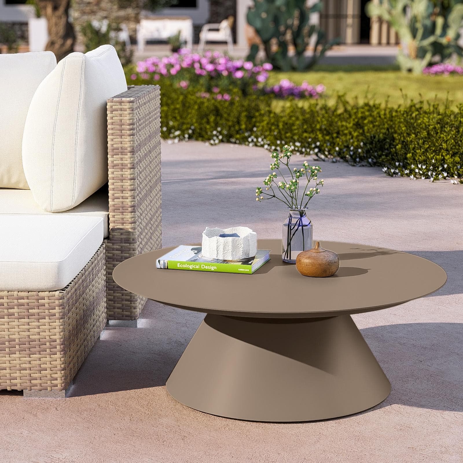 Tavolino da esterno rotondo 80 cm in alluminio tortora opaco - Dagre