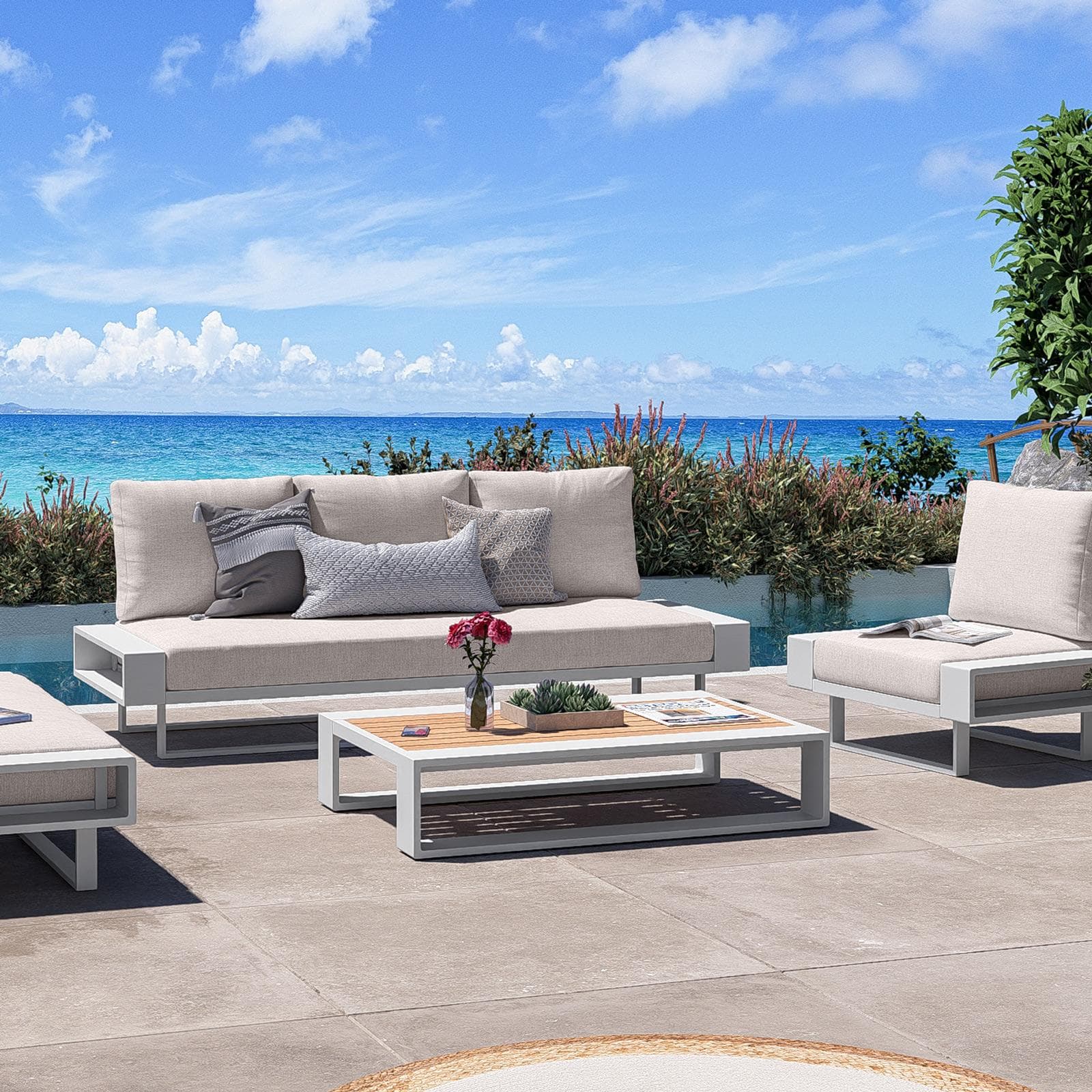 Tavolino da giardino 120x80 cm in alluminio bianco con top effetto legno - Parfa