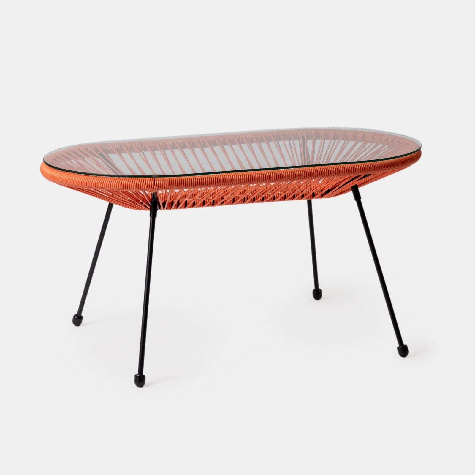 Tavolino da giardino 90x50 cm in metallo nero e corda arancione con top in vetro - Kalimba