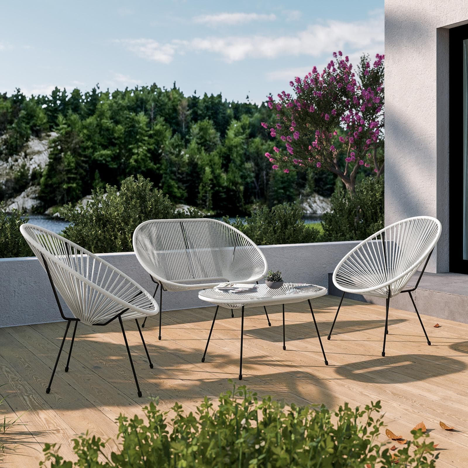 Tavolino da giardino 90x50 cm in metallo nero e corda bianca con top in vetro - Kalimba