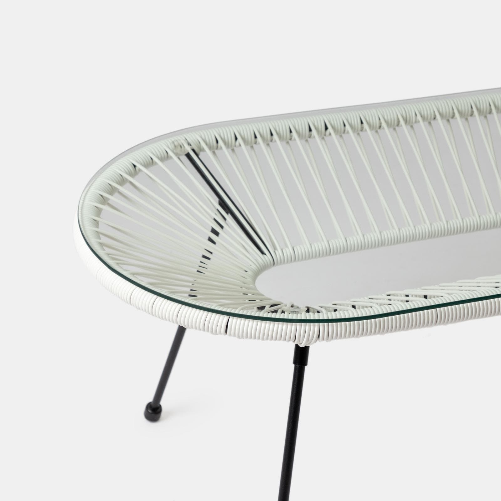 Tavolino da giardino 90x50 cm in metallo nero e corda bianca con top in vetro - Kalimba