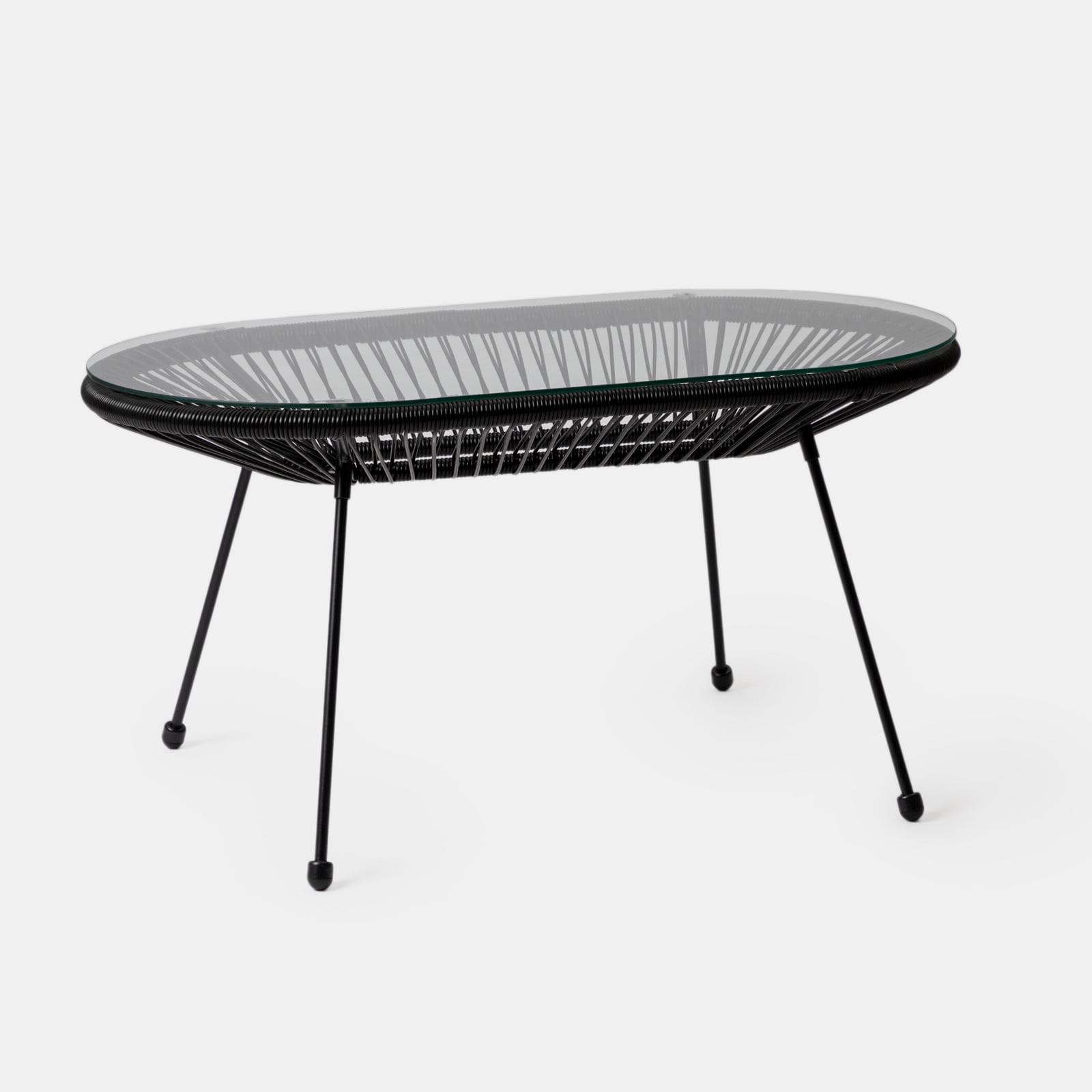 Tavolino da giardino 90x50 cm in corda e metallo nero con top in vetro - Kalimba