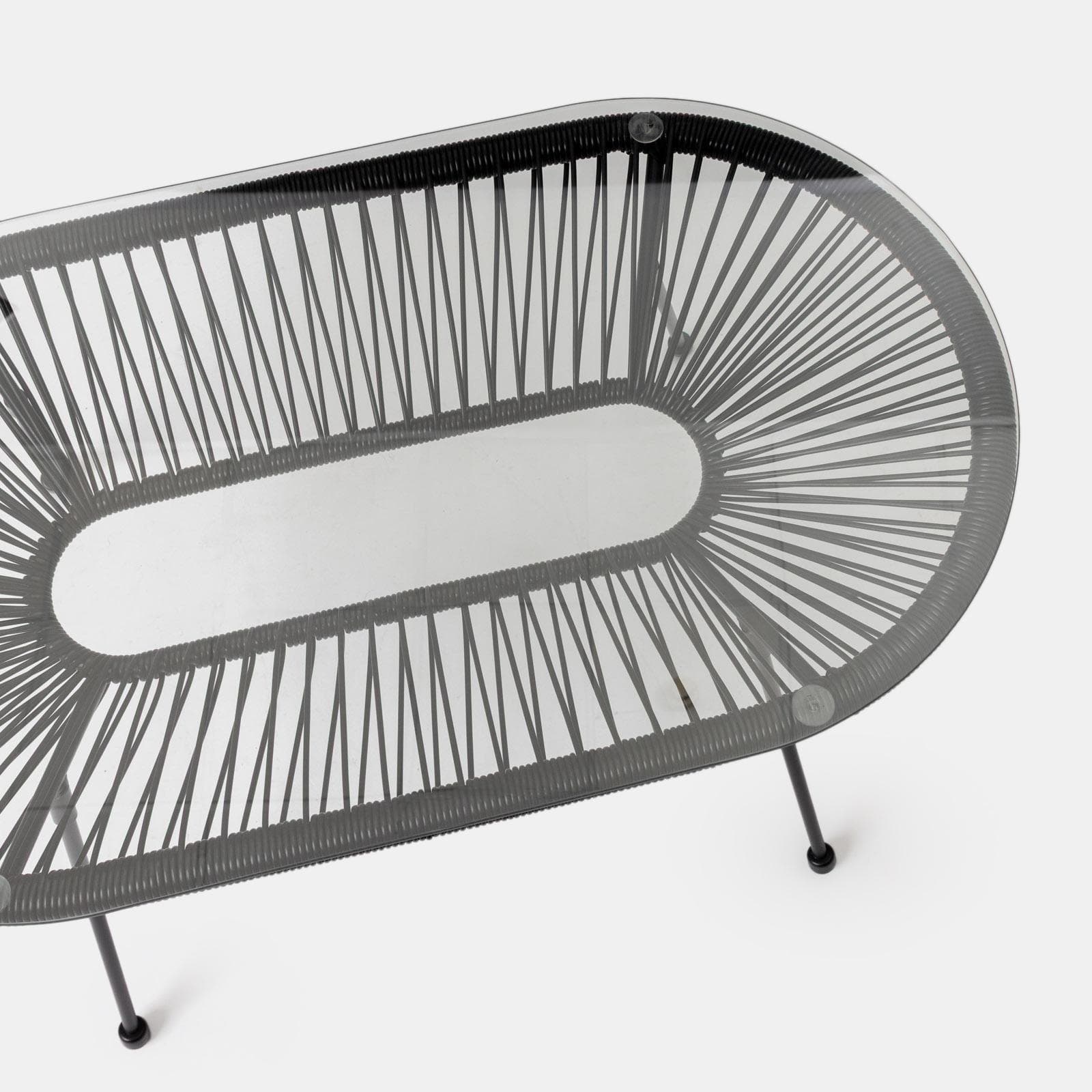 Tavolino da giardino 90x50 cm in corda e metallo nero con top in vetro - Kalimba