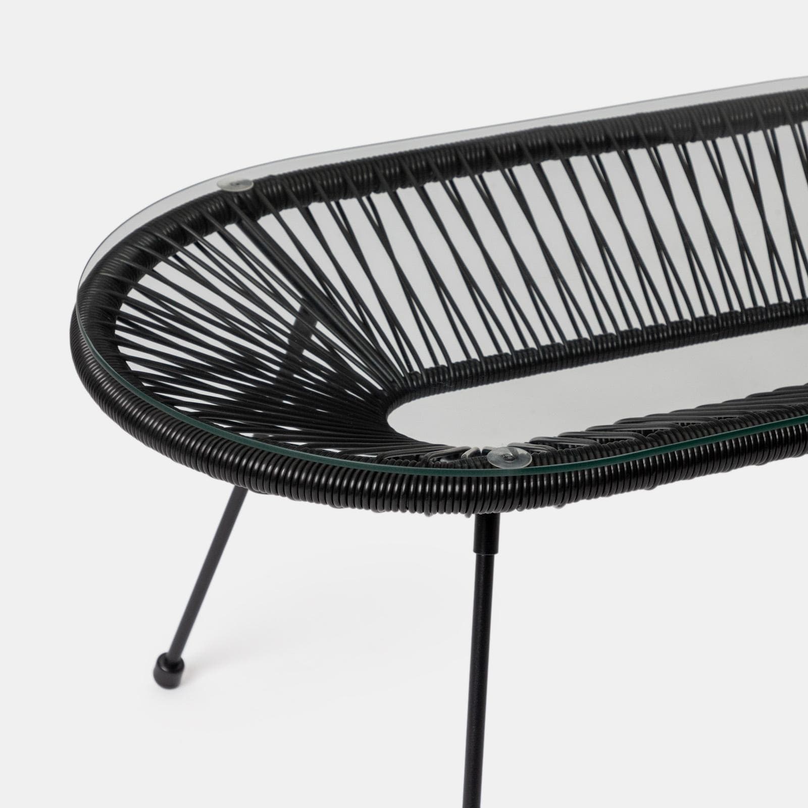 Tavolino da giardino 90x50 cm in corda e metallo nero con top in vetro - Kalimba