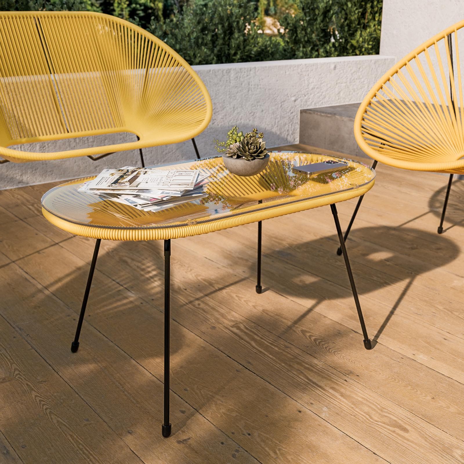 Tavolino da giardino 90x50 cm in metallo nero e corda gialla con top in vetro - Kalimba