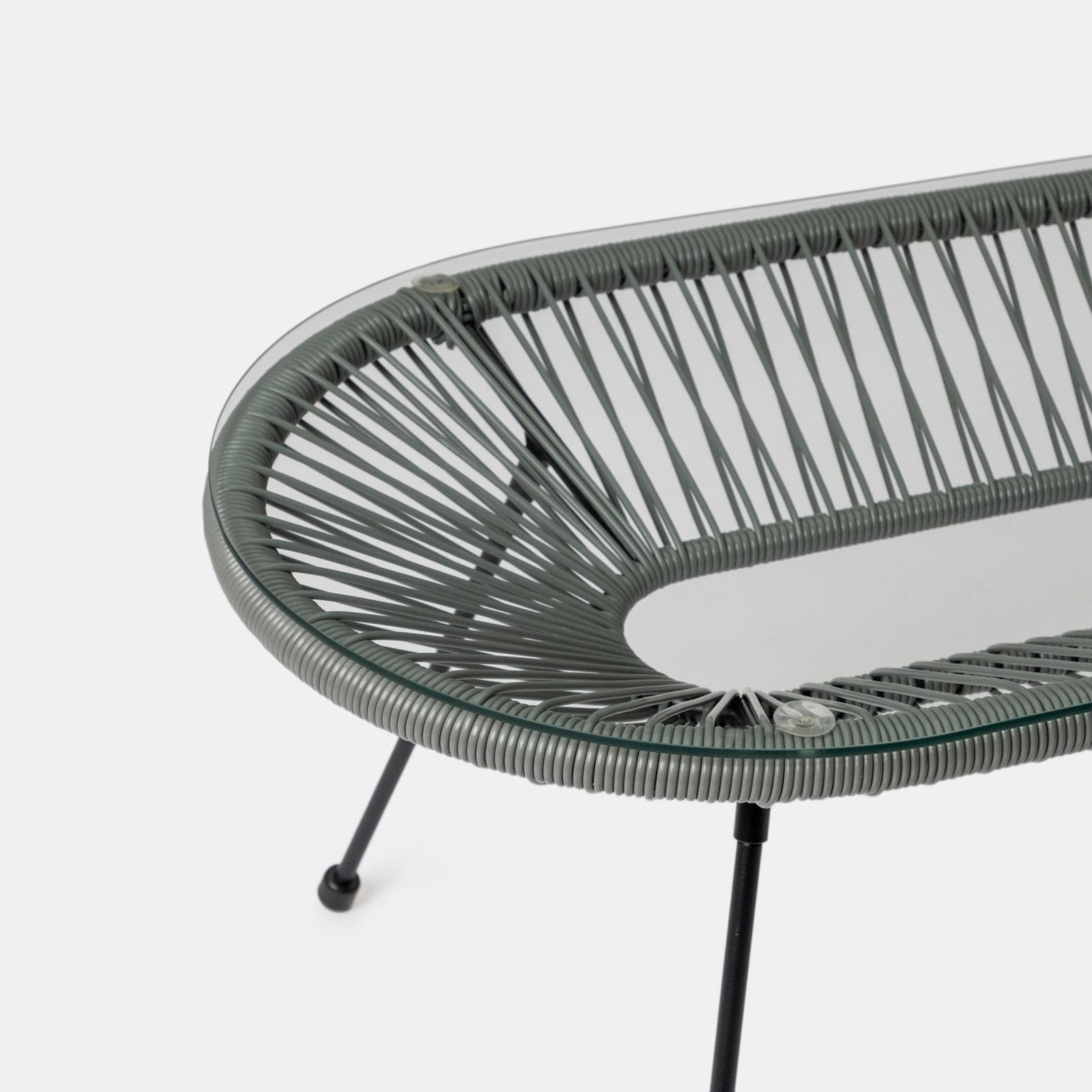 Tavolino da giardino 90x50 cm metallo nero e corda grigia con top in vetro - Kalimba