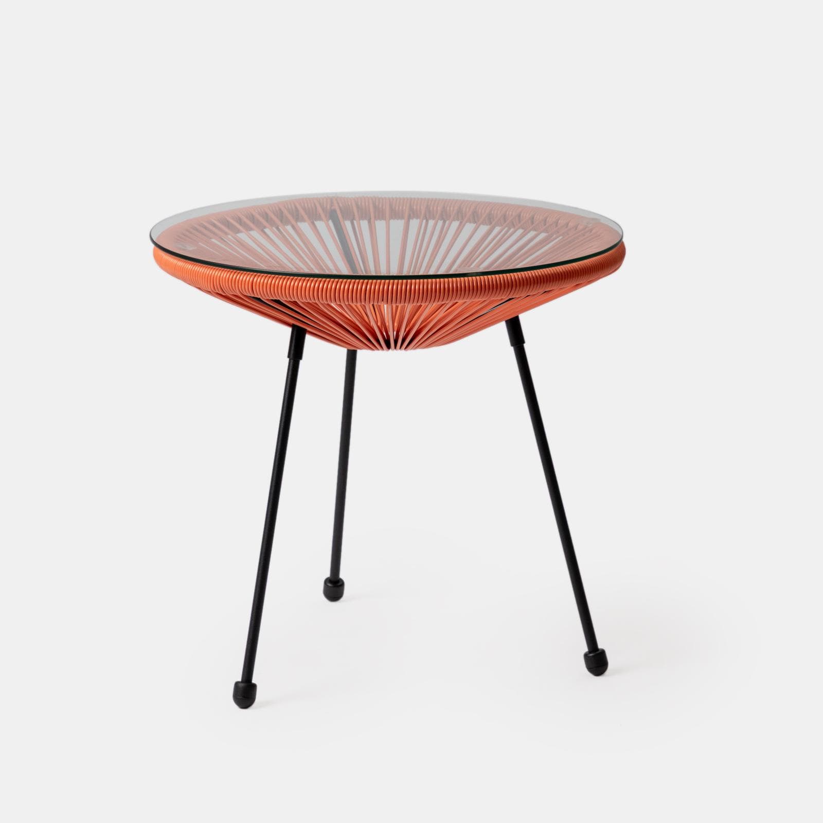 Tavolino da giardino rotondo 50 cm in metallo nero e corda arancione con top in vetro - Kalimba