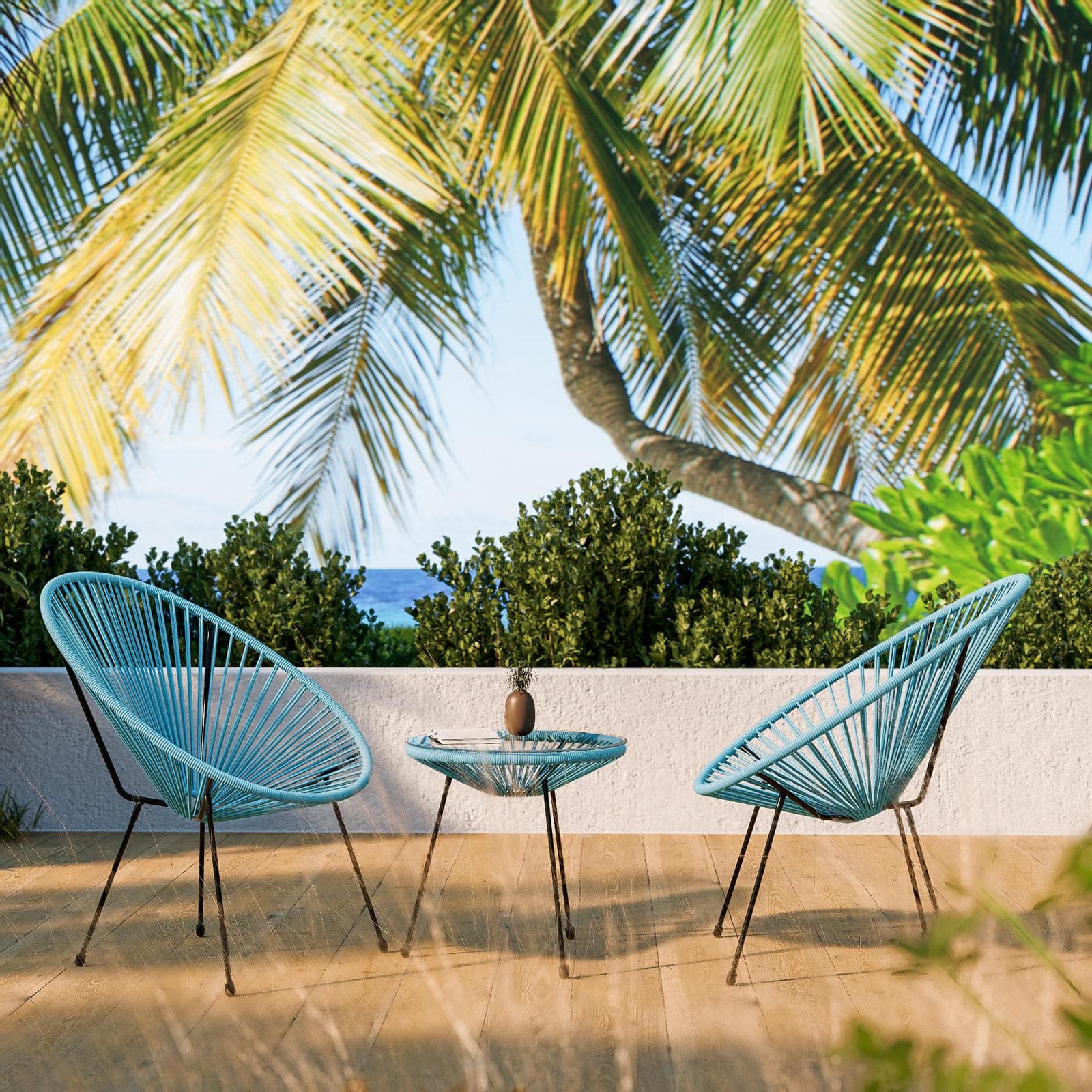 Tavolino da giardino rotondo 50 cm in metallo nero e corda azzurro con top in vetro - Kalimba