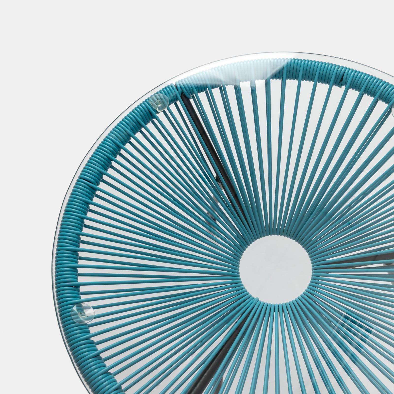 Tavolino da giardino rotondo 50 cm in metallo nero e corda azzurro con top in vetro - Kalimba