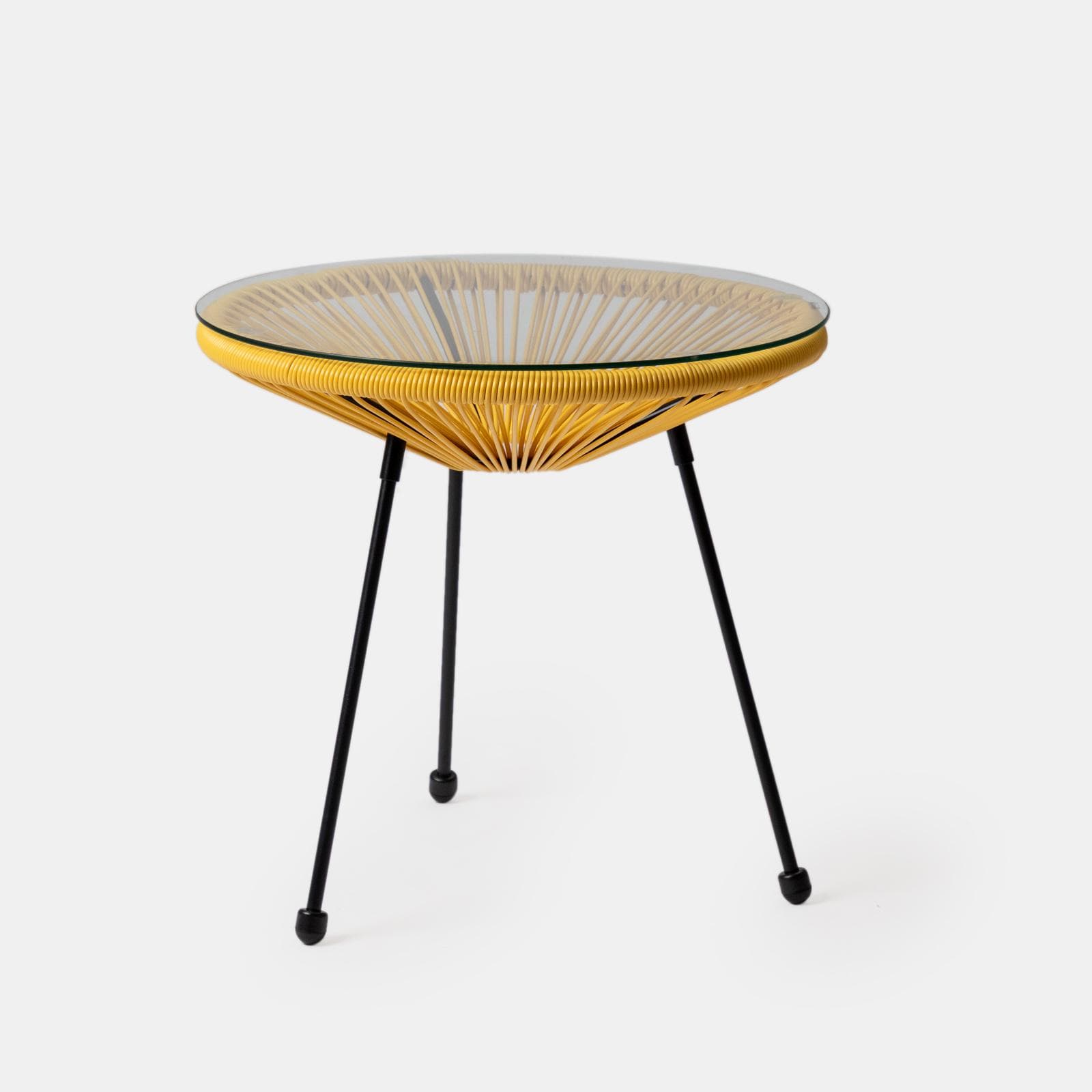 Tavolino da giardino rotondo 50 cm in metallo nero e corda gialla con top in vetro - Kalimba