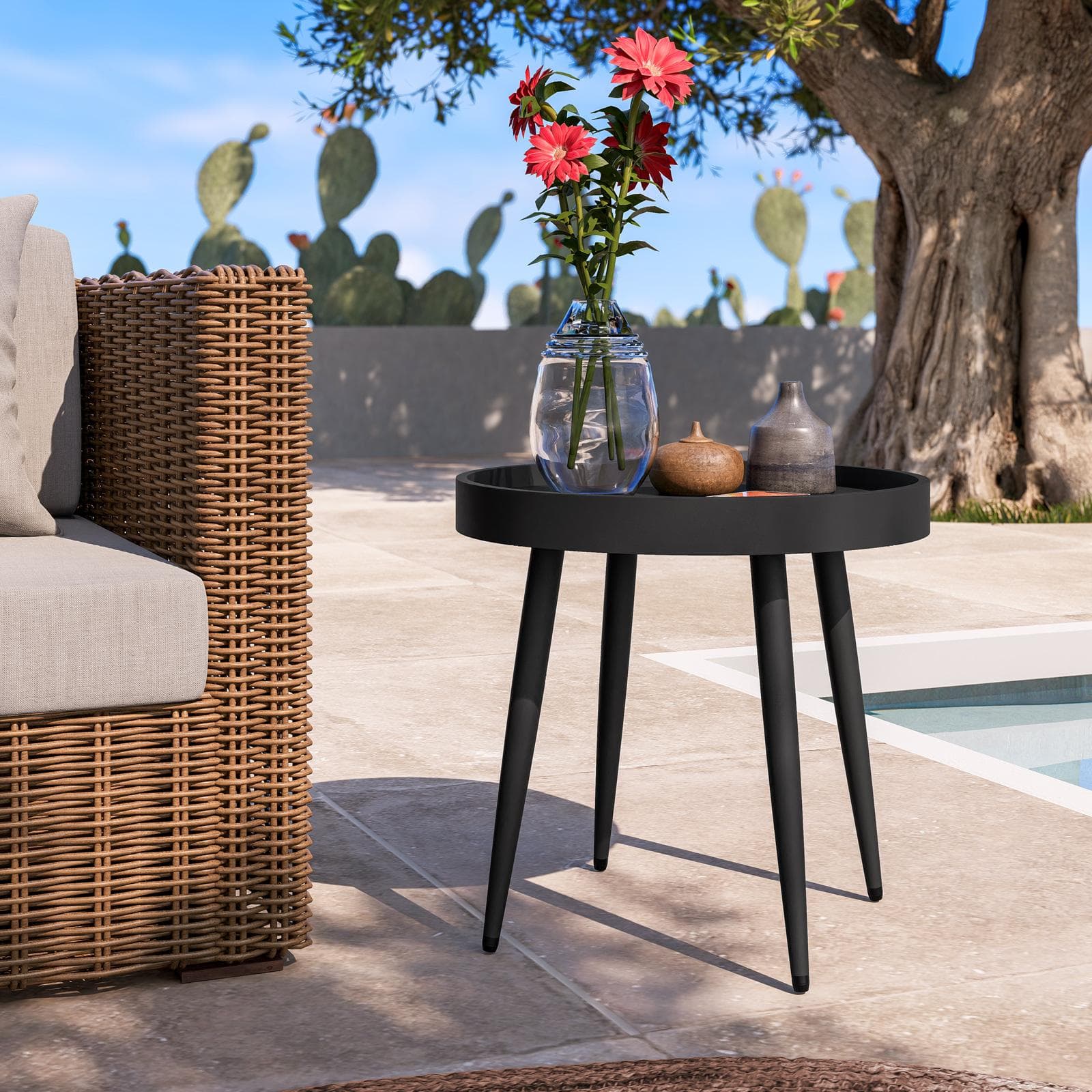 Tavolino da giardino rotondo 50 cm gambe in metallo e top in polipropilene nero - Frisby