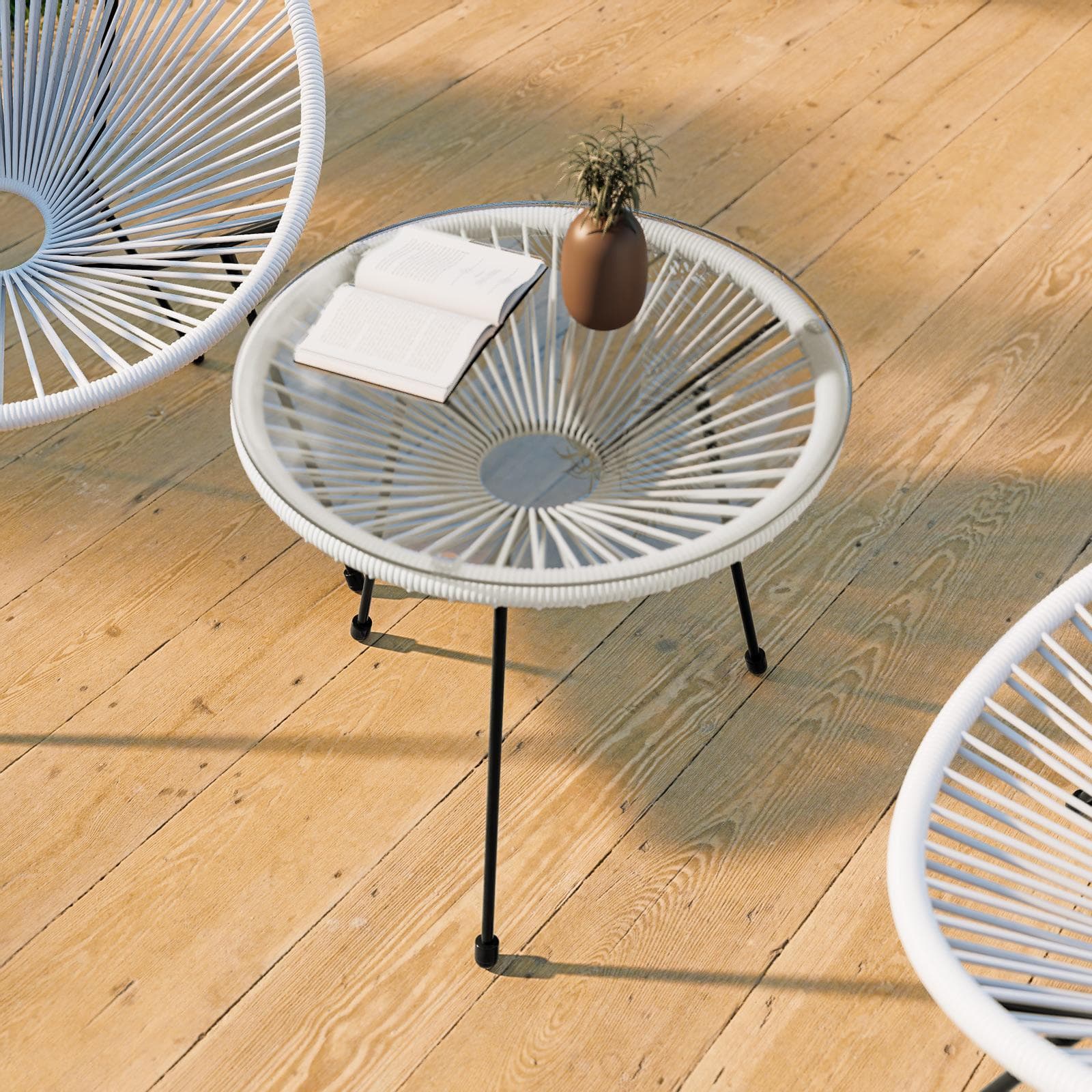 Tavolino da giardino rotondo 50 cm in metallo nero e corda bianca con top in vetro - Kalimba