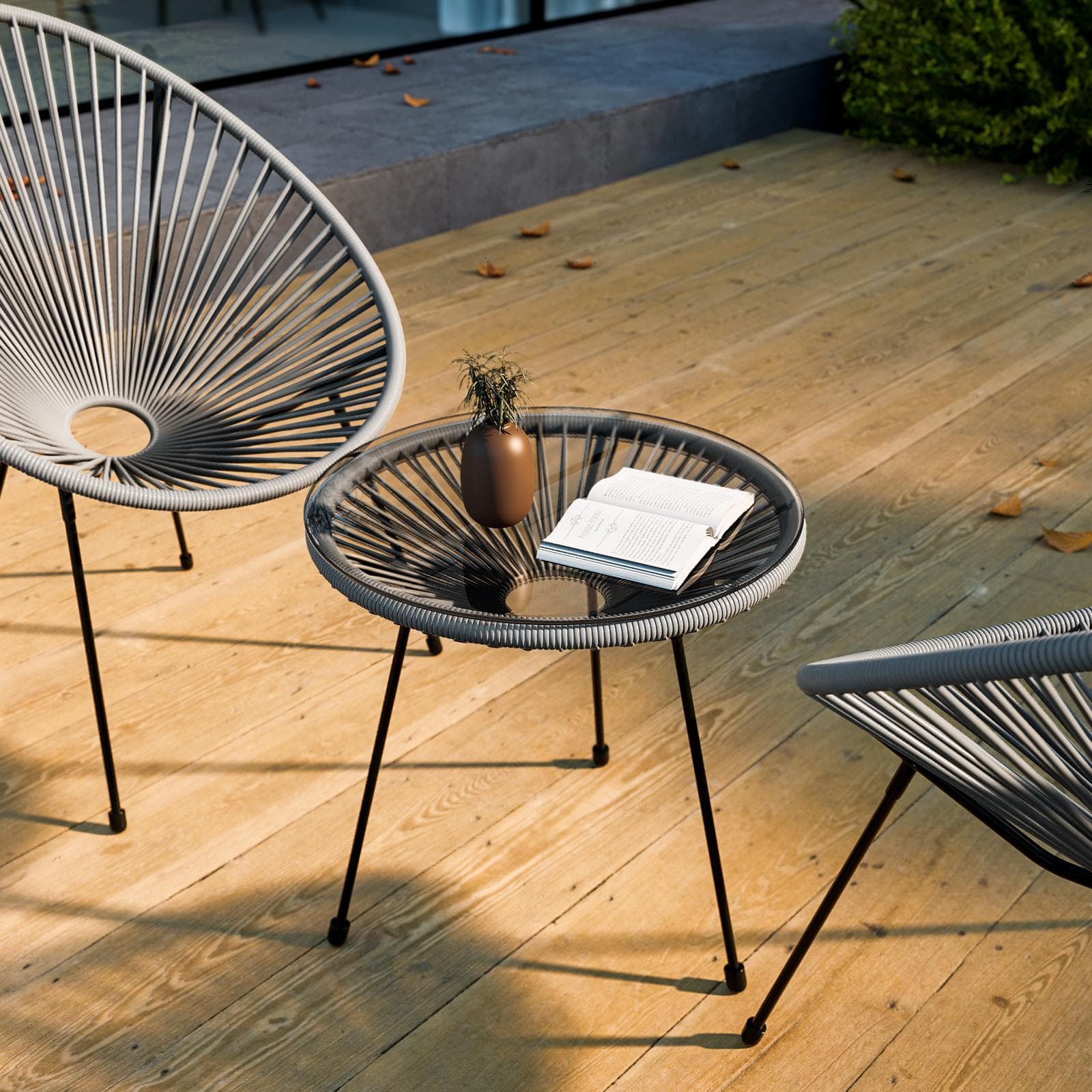 Tavolino da giardino rotondo 50 cm in metallo nero e corda grigia con top in vetro - Kalimba