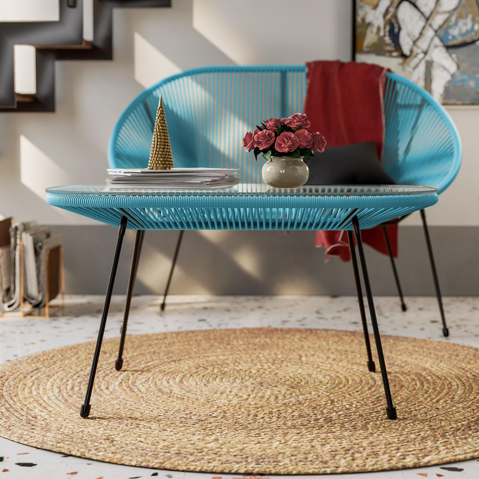 Tavolino da interno 90x50 cm in metallo nero e corda azzurro - Kalimba