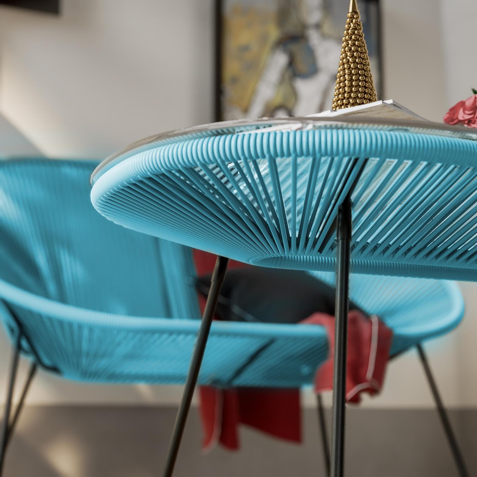 Tavolino da interno 90x50 cm in metallo nero e corda azzurro - Kalimba