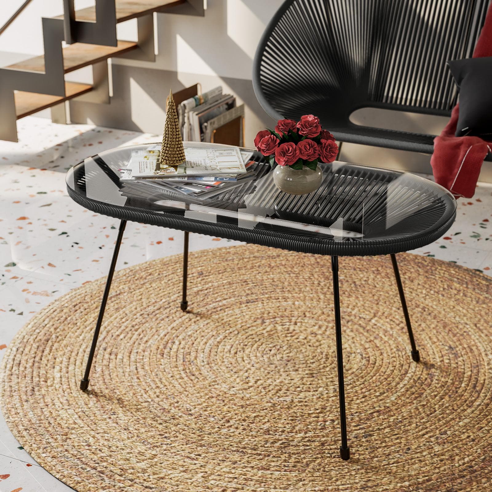 Tavolino da interno 90x50 cm in metallo nero e corda nera - Kalimba