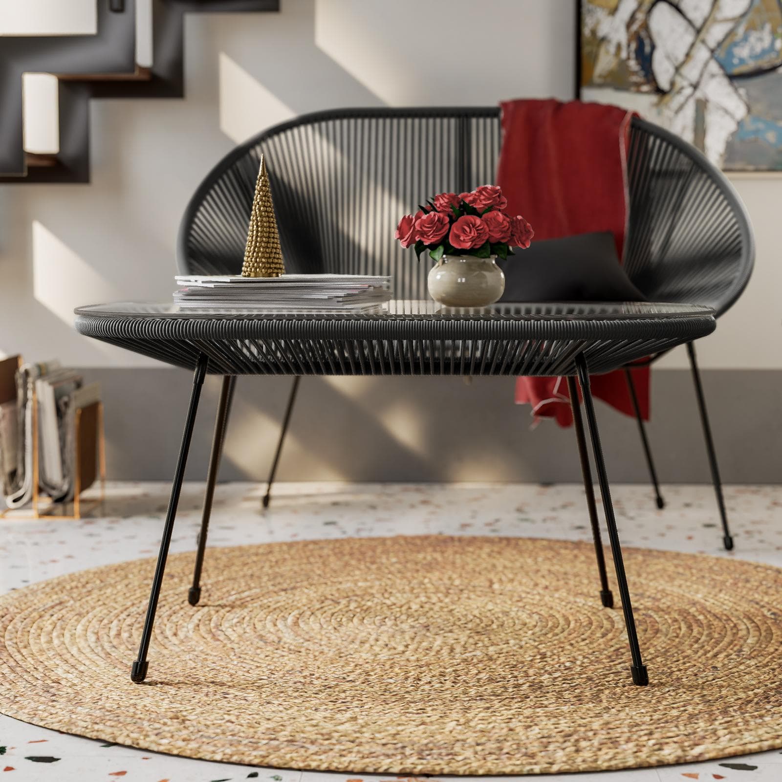 Tavolino da interno 90x50 cm in metallo nero e corda nera - Kalimba