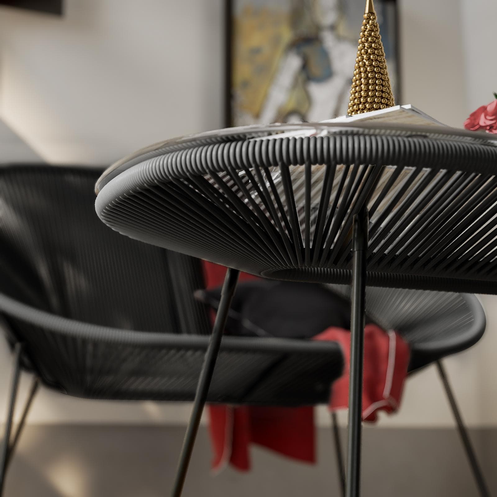 Tavolino da interno 90x50 cm in metallo nero e corda nera - Kalimba