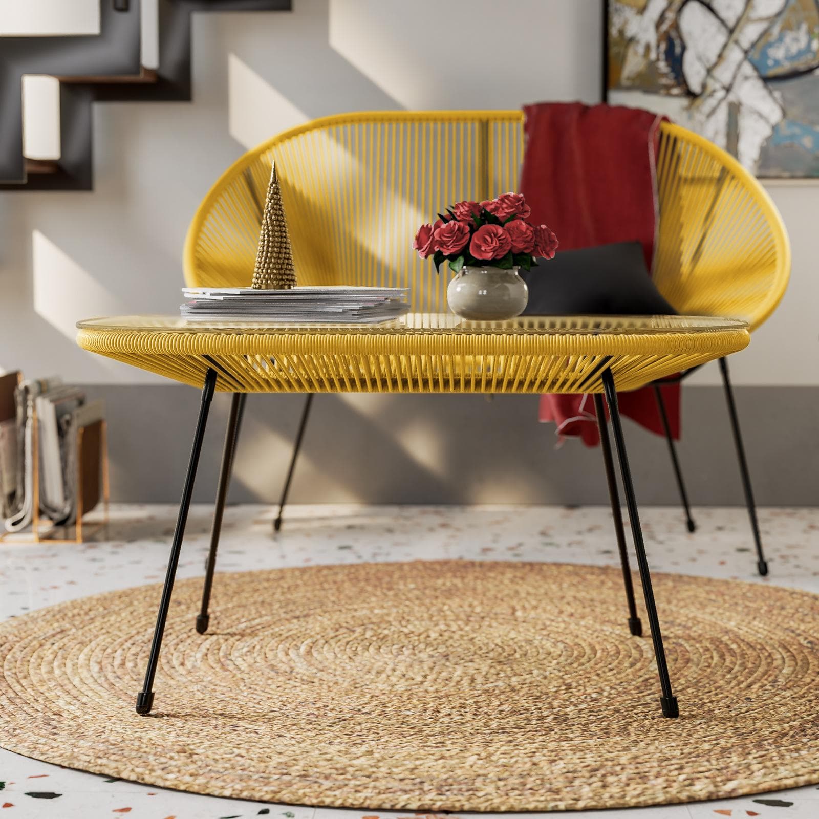 Tavolino da interno 90x50 cm in metallo nero e corda giallo - Kalimba
