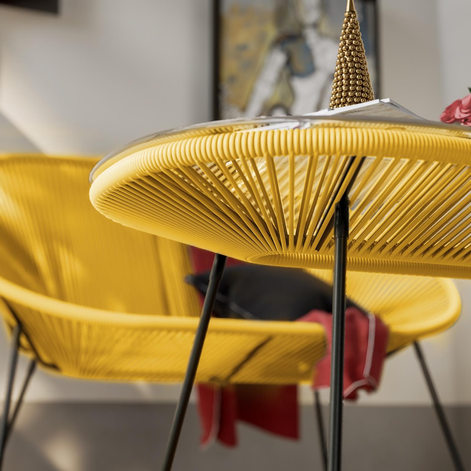 Tavolino da interno 90x50 cm in metallo nero e corda giallo - Kalimba